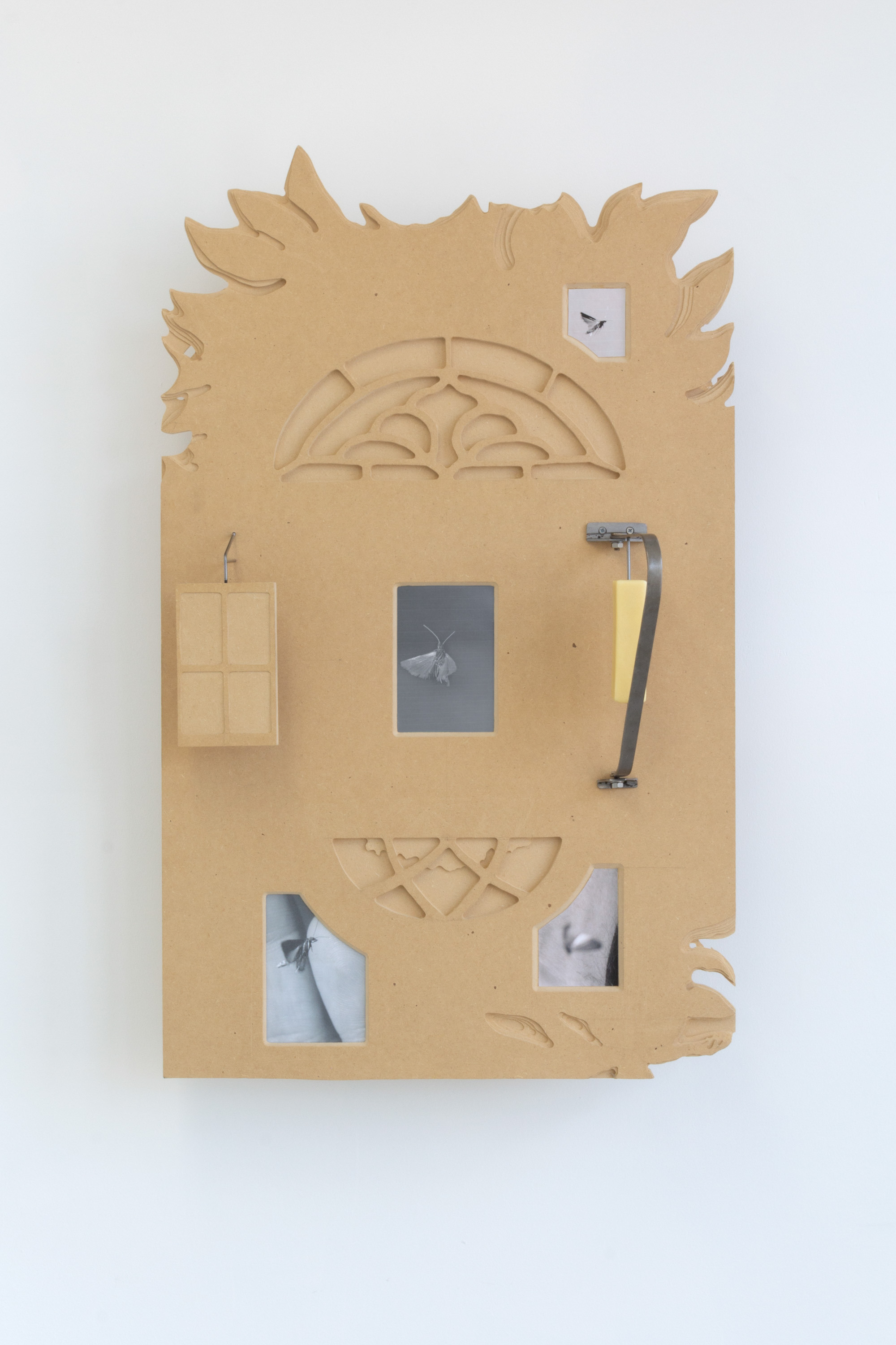 Bradley Marshall, An Imperfect Offering, A Windowless Room (Skeeeedaddle!), 2021, Hand-cut MDF, inkjet print, steel, wax, tin can, pencil with lead replaced with steel, hardware, and adhesives, 26 x 36.5 x 8 in