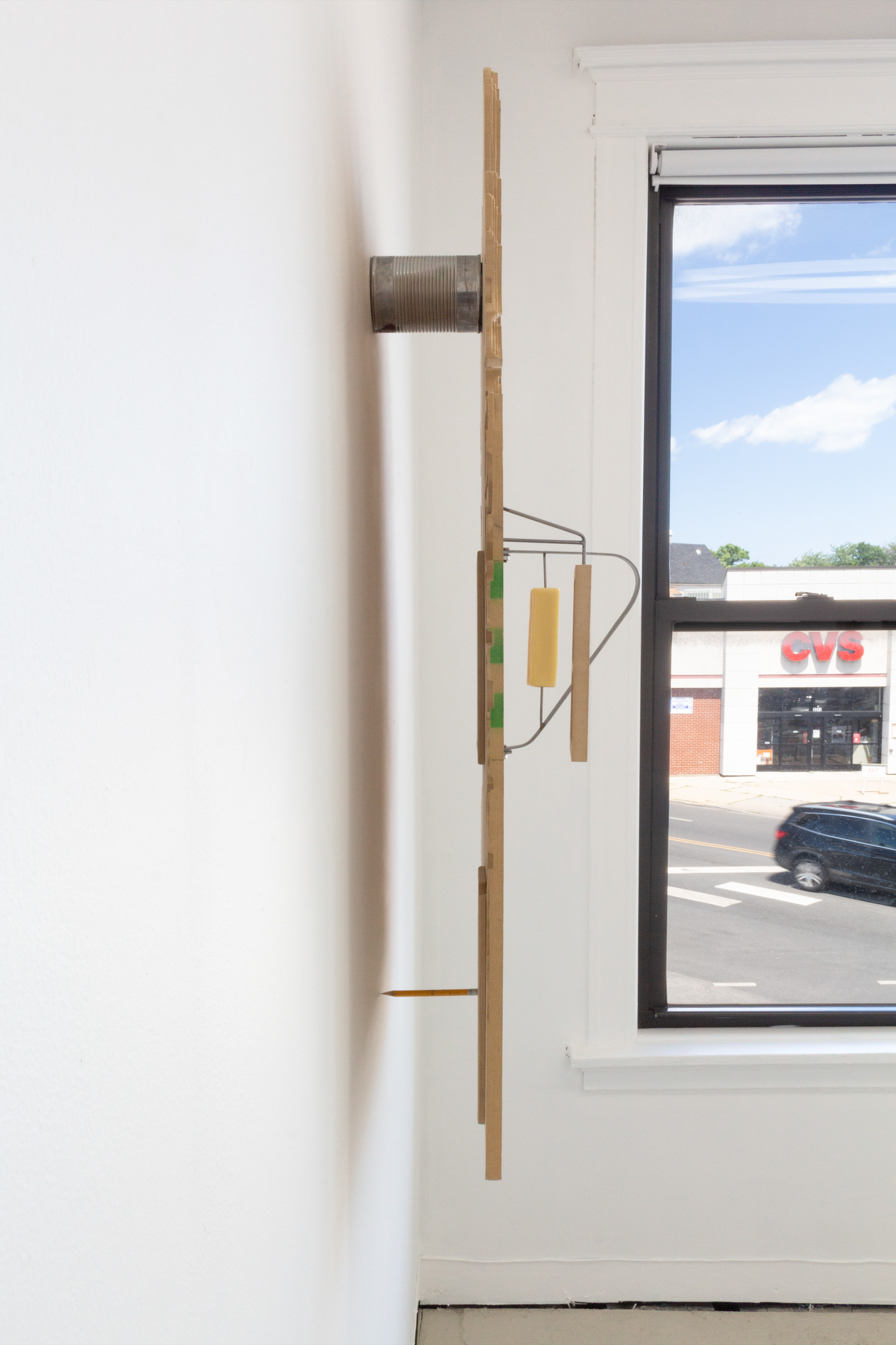 Bradley Marshall, An Imperfect Offering, A Windowless Room (Skeeeedaddle!), 2021, Hand-cut MDF, inkjet print, steel, wax, tin can, pencil with lead replaced with steel, hardware, and adhesives, 26 x 36.5 x 8 in