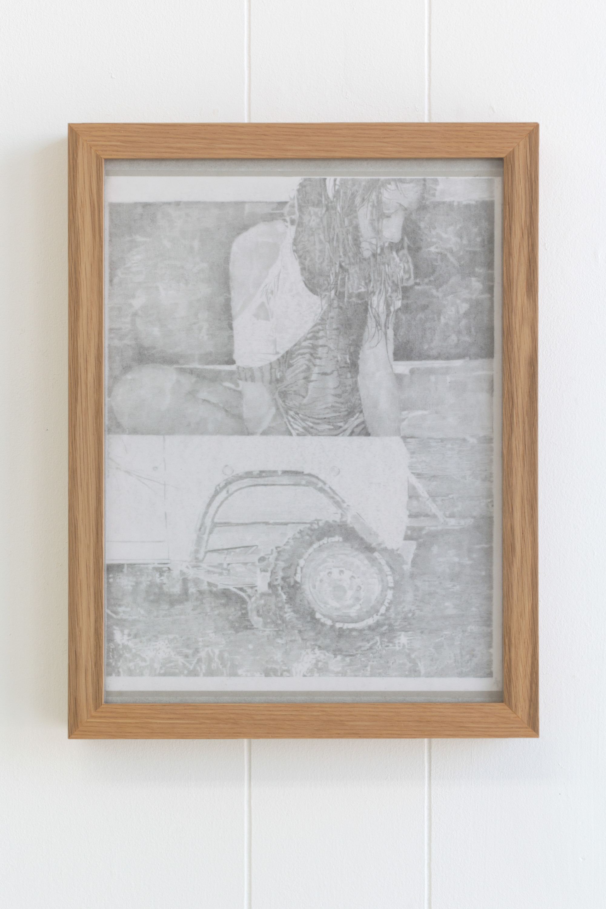 Jamieson Pearl, And now the road smells like a flock drowned in diesel fuel, 2022, Graphite on tracing paper on printer paper on drawing paper, white oak frame, 9 x 12 in (10.5 x 13.5 x 1.5 in framed)