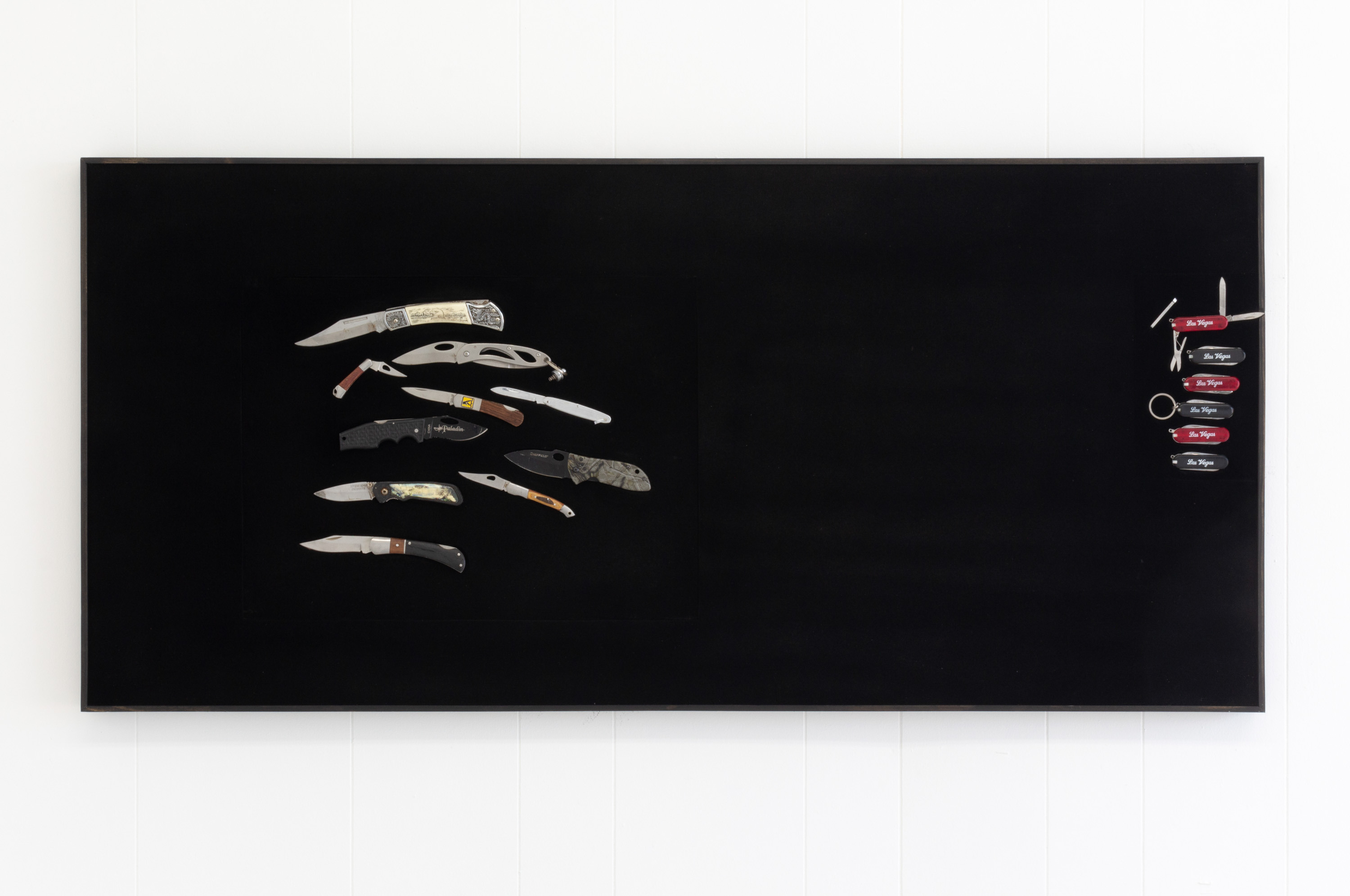 Jesse Robinson, 6 Black & RED Las Vegas Promo Multi Pocket Survival Knife KeyRing TSA and 10 ASSORTED KNIVES FISHING AIRPORT CONFISCATION LOT 629H, 2018, Confiscated knives, wood, epoxy putty, microfiber, and magnets, 48 x 24 x 1.5 in