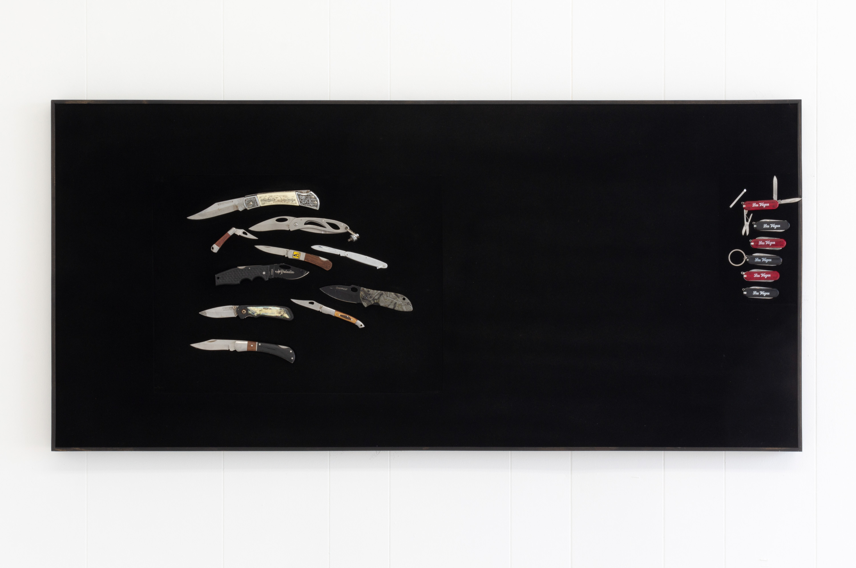 Jesse Robinson, 6 Black & RED Las Vegas Promo Multi Pocket Survival Knife KeyRing TSA and 10 ASSORTED KNIVES FISHING AIRPORT CONFISCATION LOT 629H, 2018, Confiscated knives, wood, epoxy putty, microfiber, and magnets, 48 x 24 x 1.5 in