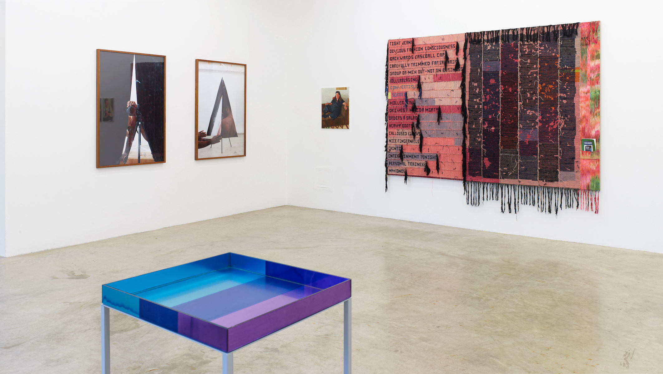 Philipp Gufler, Dioxazinviolett _ OrasolÂź Blau 825, 2019. Courtesy: the artist and BQ, Berlin. Paul Mpagi Sepuya, Drop Scene (0X5A936) & Drop Scene (0X5A7387). Courtesy: the artist & Peter Kilchmann, ZĂŒrich. Plus works by Sholem Krishtalka & Josh Faught