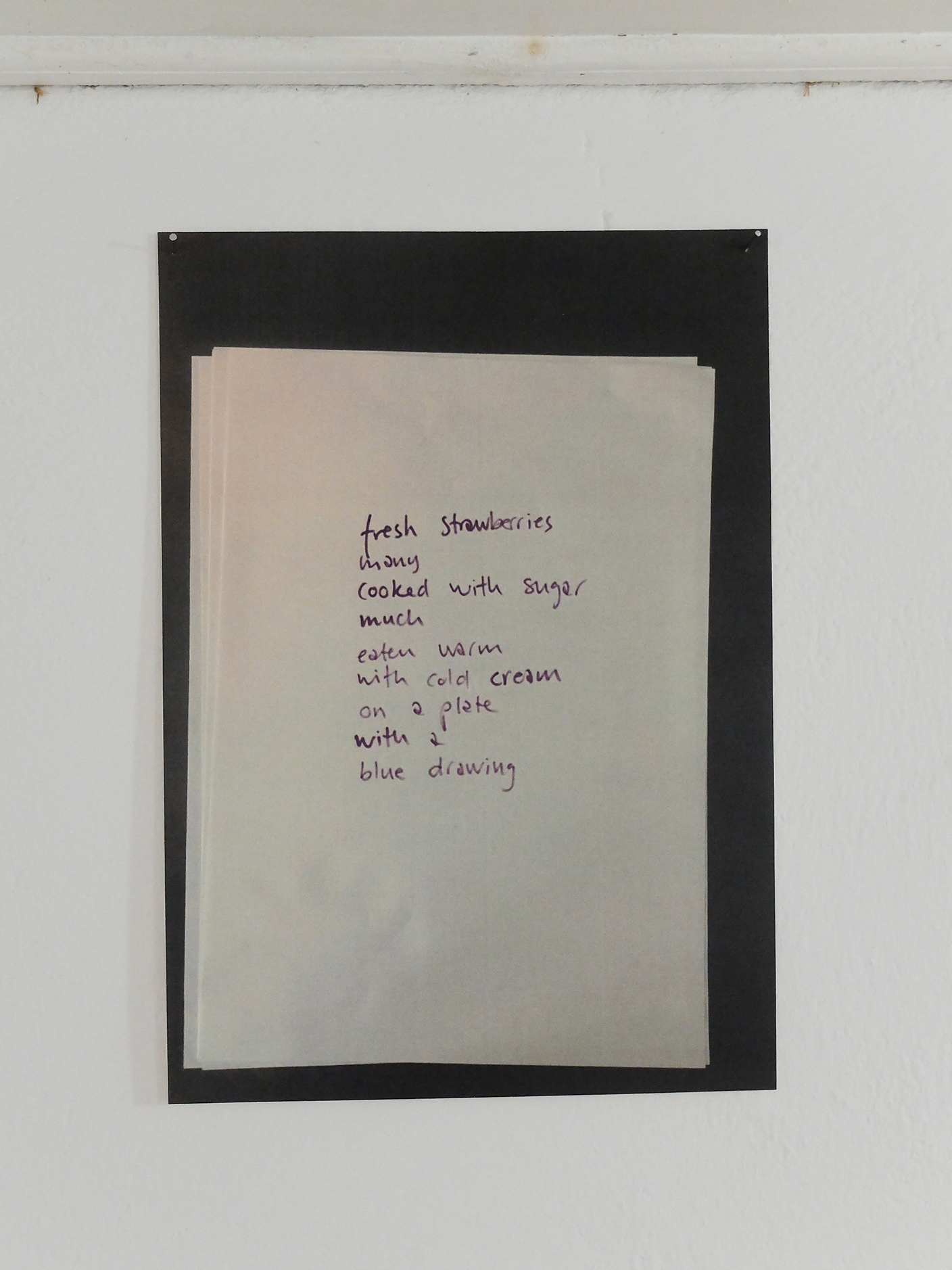 Lone Haugaard Madsen, print on paper, Recipe: Fresh strawberries cooked with sugar eaten warm with cold cream on a plate with a blue drawing