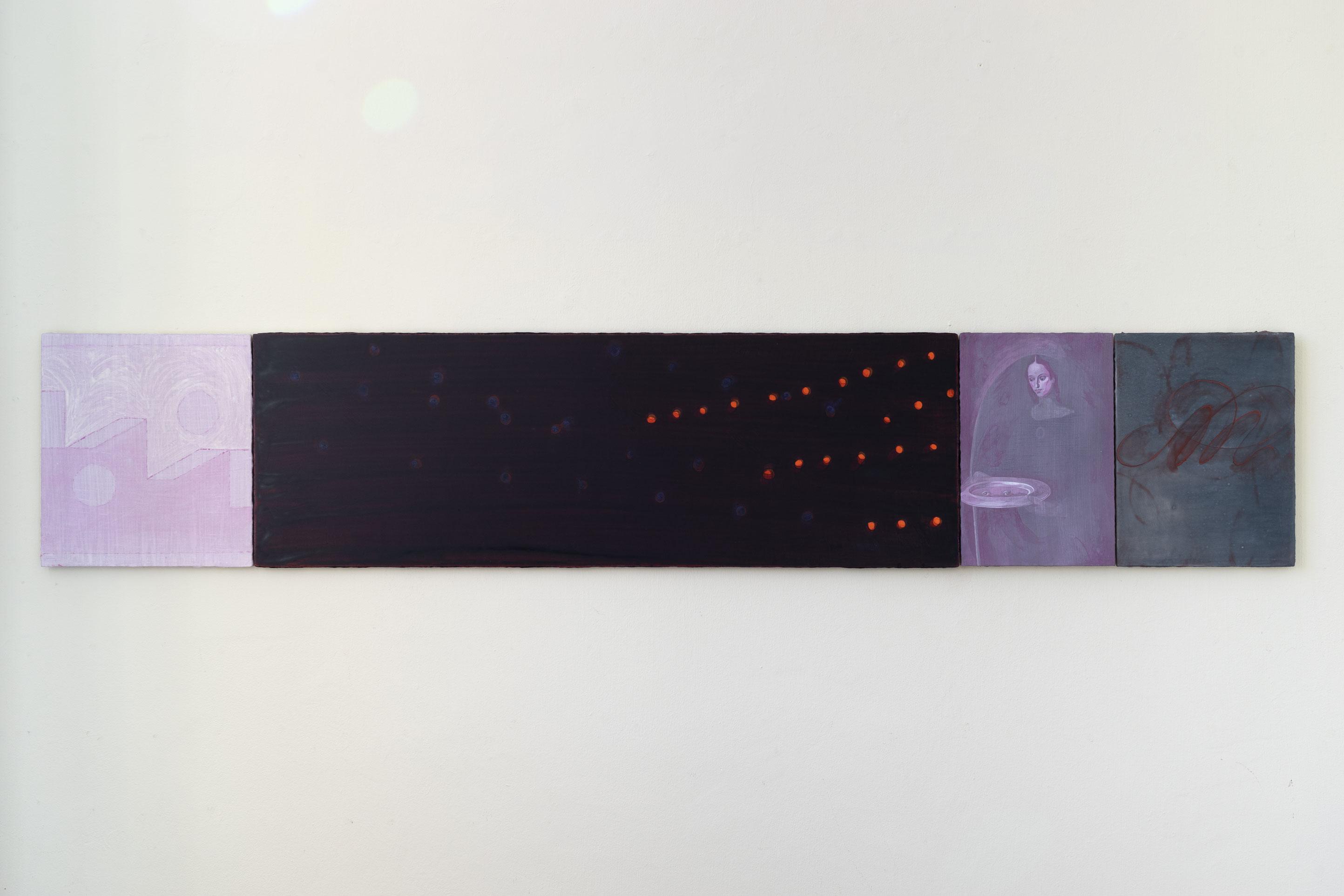 Sitting straight in a state of focus looking down, 2022 (acrylic on wood panels)