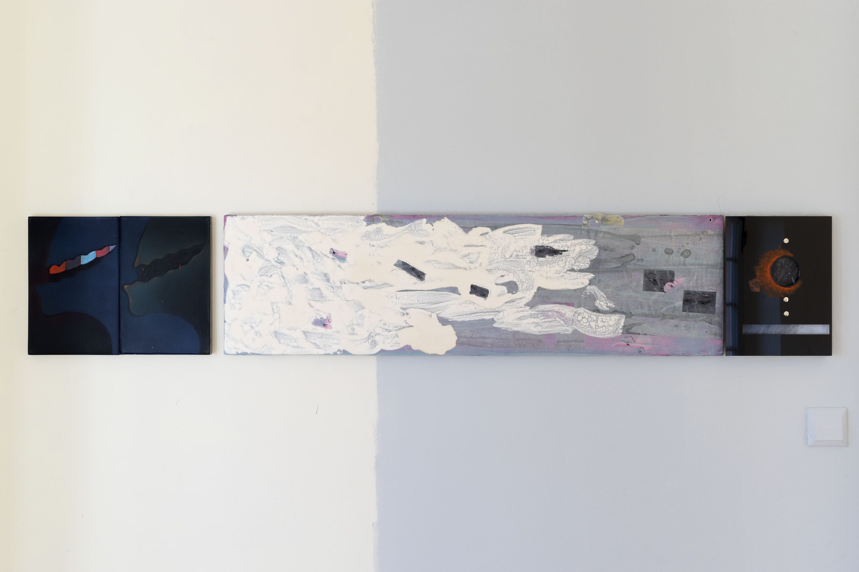 Sitting straight in a state of focus looking up, 2022 (acrylic, oil, plexiglass, steel and paper on wood panels)