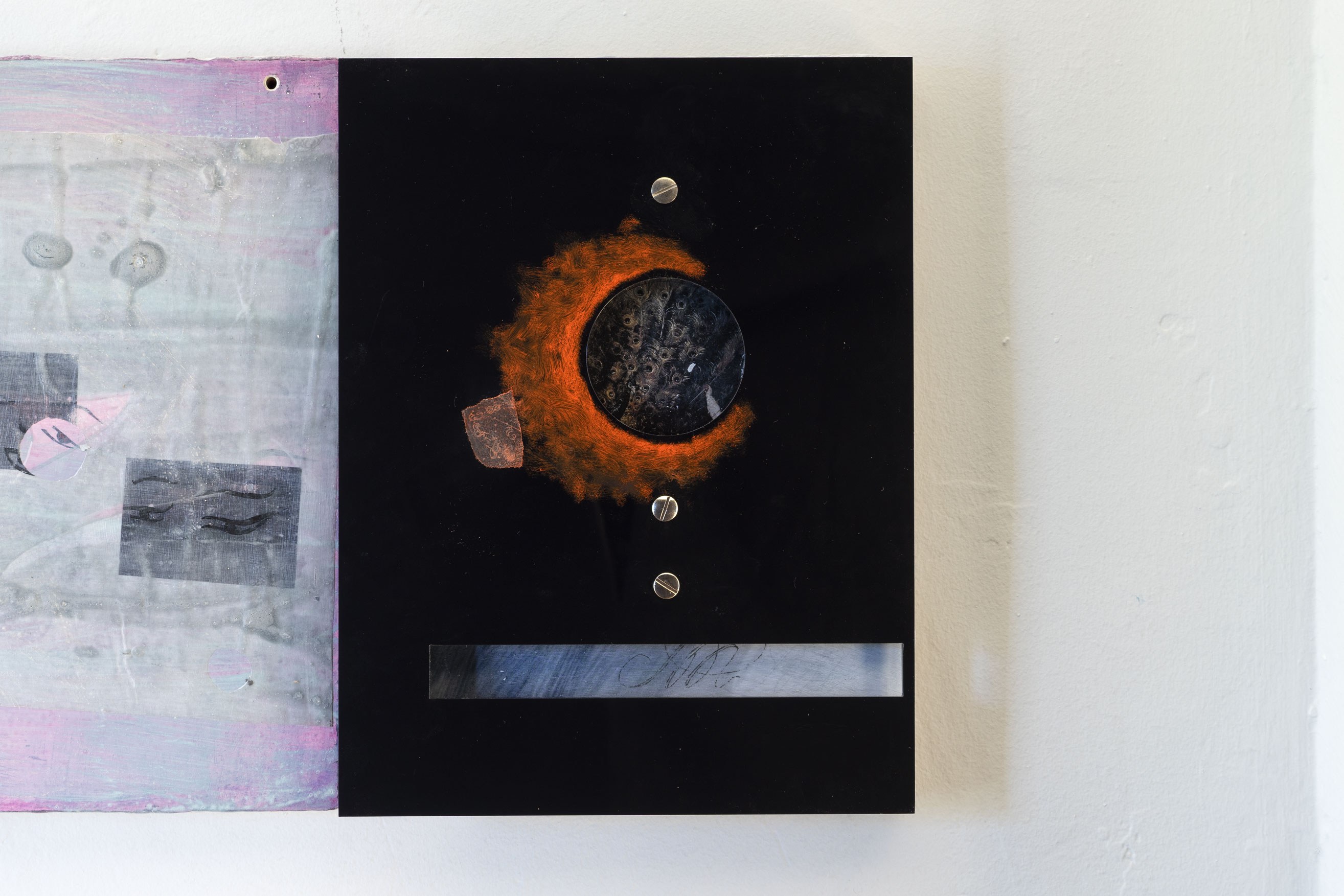 Sitting straight in a state of focus looking up, 2022 (acrylic, oil, plexiglass, steel and paper on wood panels)