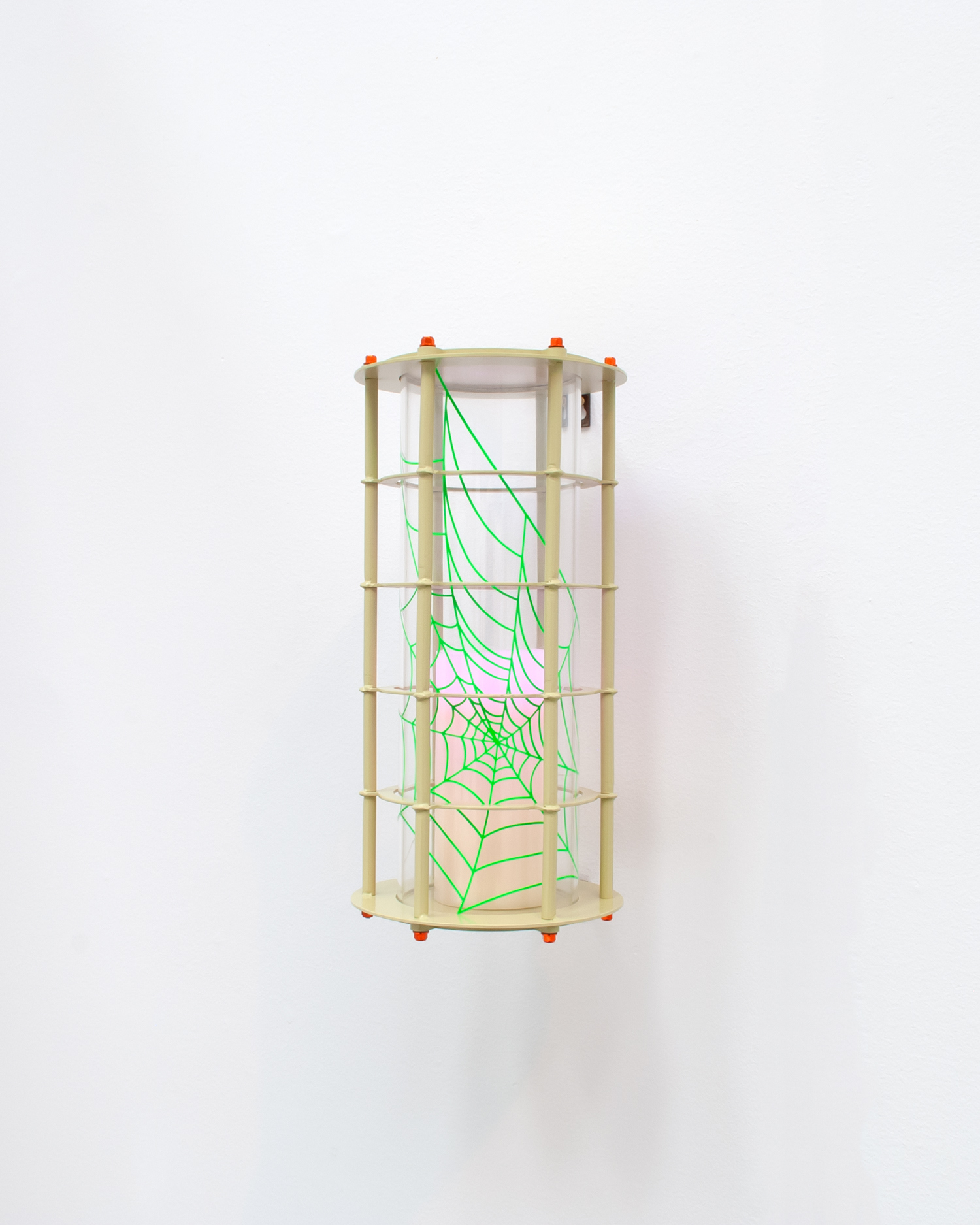 Last breath,  2022, Powder coated steel, anodized aluminium, perspex, sticker, wax, 37x16x21cm