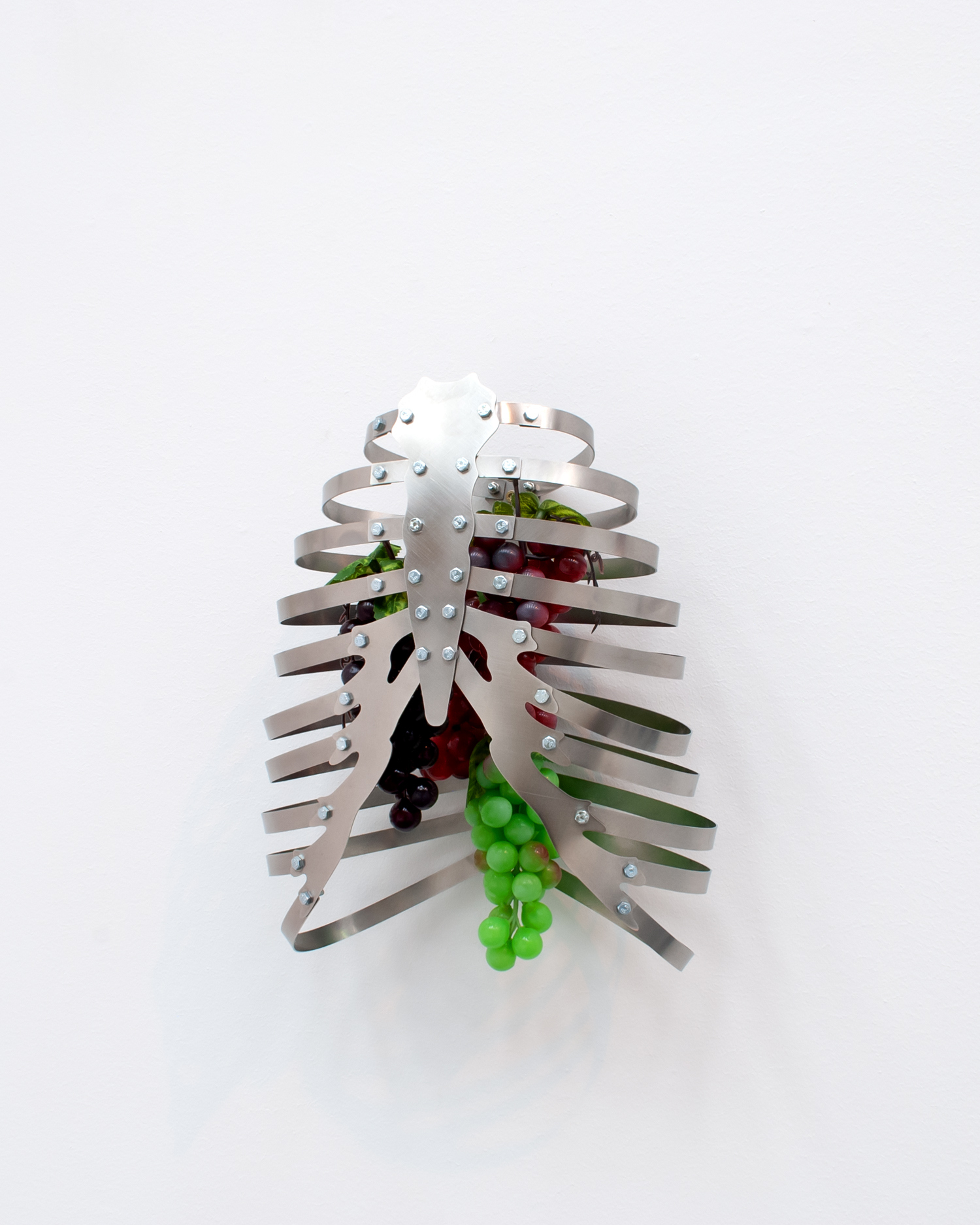 A false sense of security (small version),  2022, Stainless steel, artificial grapes, 35x27x16cm