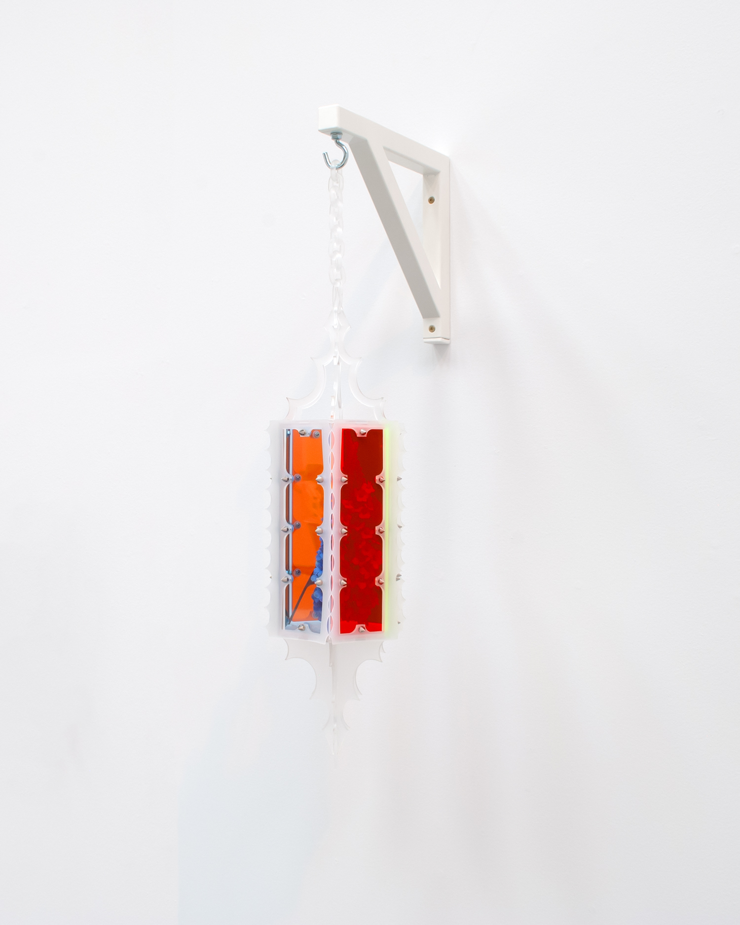 Butterfly bush, 2022, Perspex, frost acrylic chain, spikes, artificial flowers, 70x15x32cm