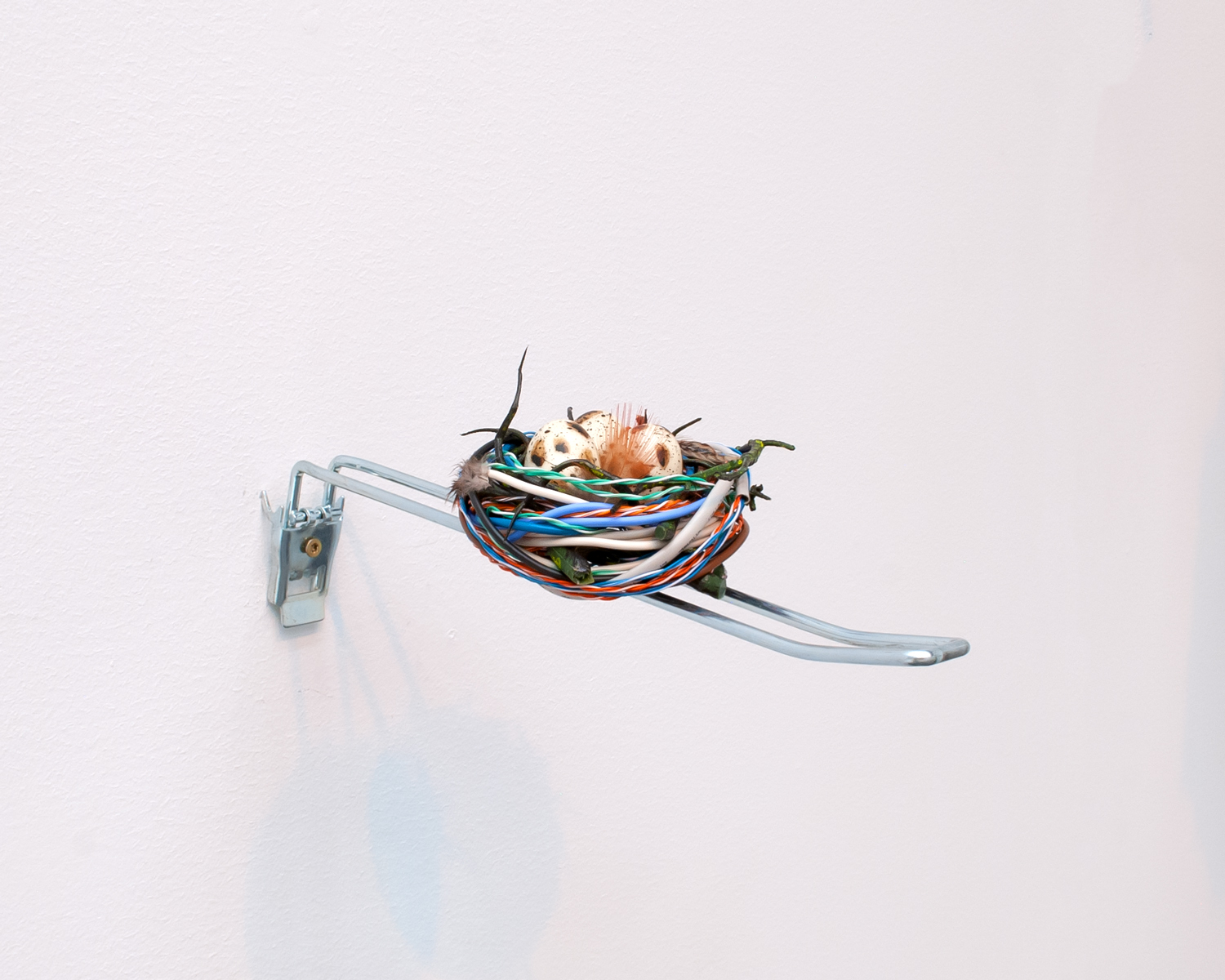 Branch, 2022, Steel, electrical cables, feathers, artificial eggs, 10x10x32cm