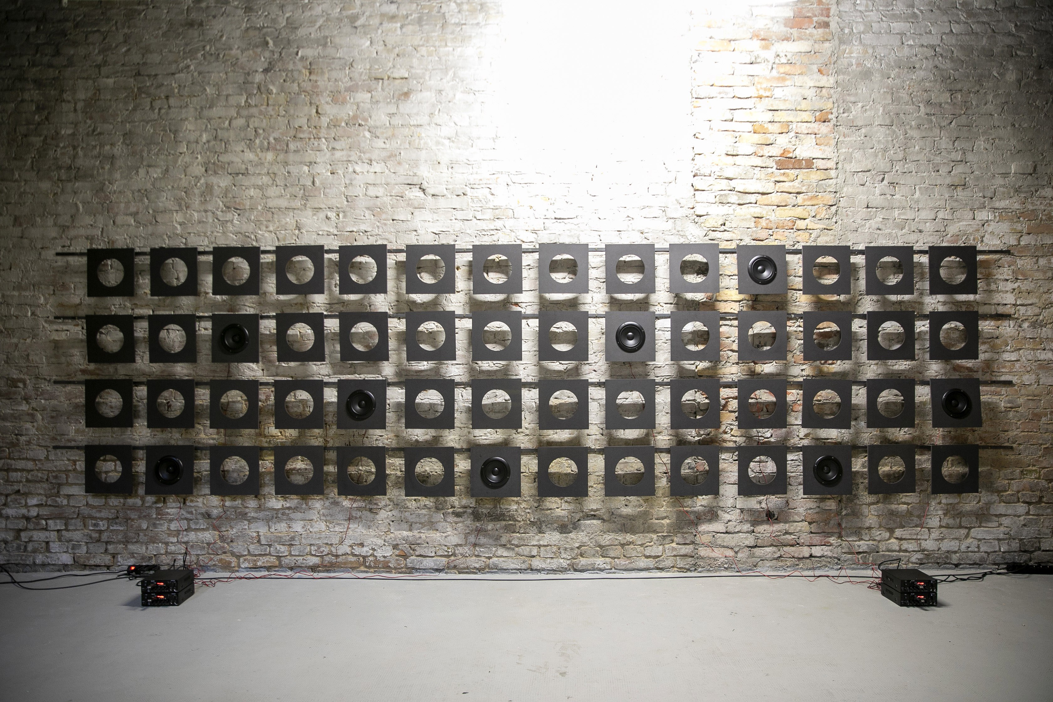 Schreie, 2022, Sound Installation, 31 Min 30 Sec, MDF, Speakers, Steel, Amplifiers  (sound designed by Emre Zaim Demirtas)