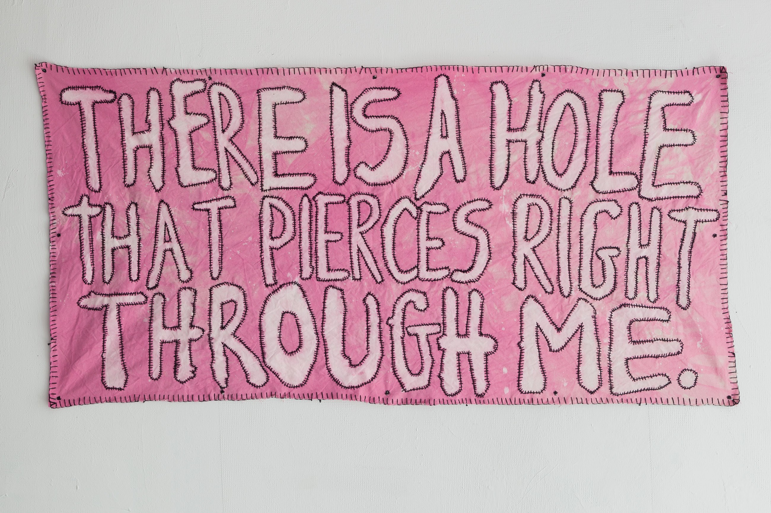 18 Nicolás Astorga, THERE IS A HOLE THAT PIERCES RIGHT THROUGH ME, embroidery and bleach on hand dyed cotton, 75 x 155 cm, 2021