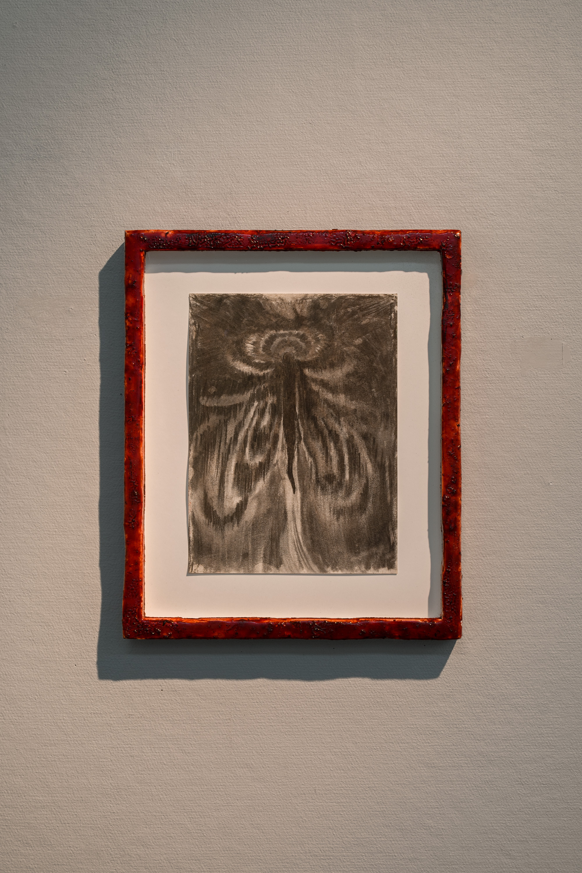 Julia Selin, Follow a bug to the end of the world, charcoal on paper, oil on pine frame, 2022 
