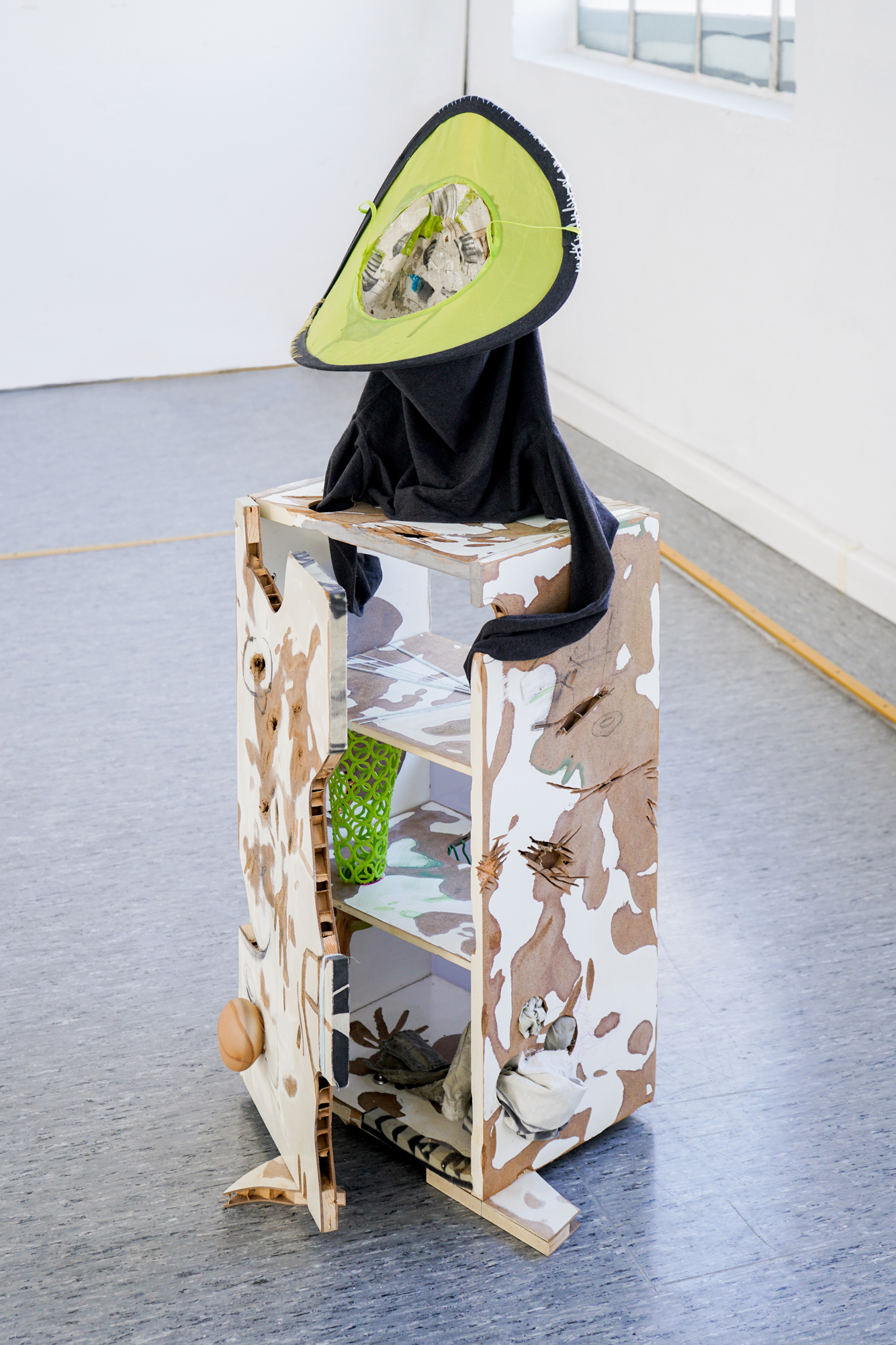 Natalia Karczewska, Avo-hat-touch, 2022, mixed media installation: wood, paper, textiles, lightbulb, pencil, marker, resin, plexi