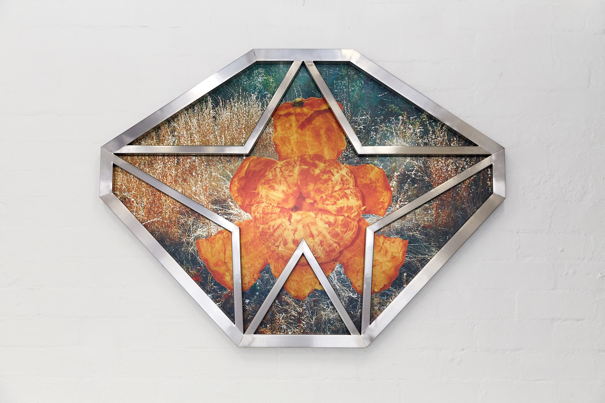 Jennifer Mathews, Illumination in the worn aisle, 2022, stainless steel, aluminium, photographic print on adhesive vinyl, 90 x 120 x 3.5 cm