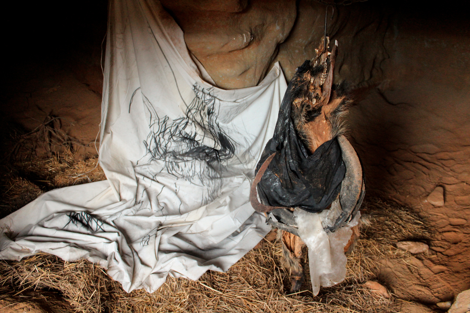 Assemblage: boar skin, chains, glycerin soap, found objects, drawing and painting on canvas