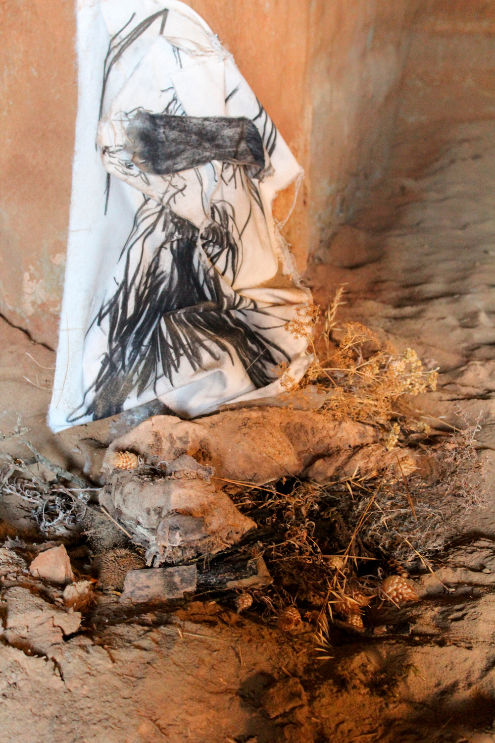 Assemblage: mummified dog, flowers, glycerin soap, paint and found objects