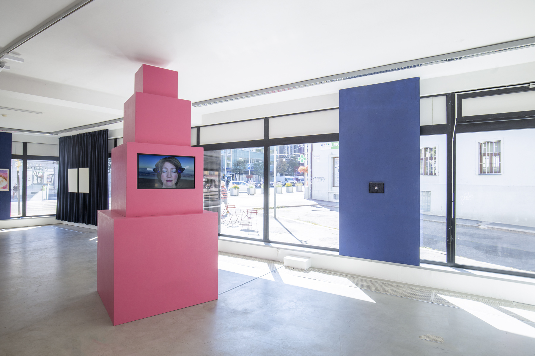 Installation view featuring works from Christoph Bruckner, Shana Moulton & Jakob Jakobsen (left to right)