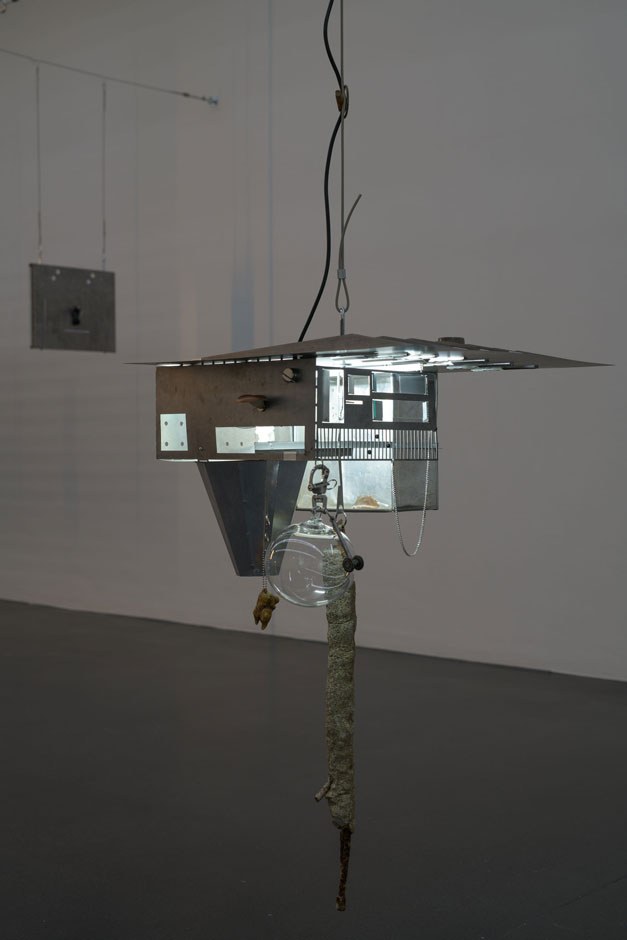 Europaplatz 1 2022 Aluminum, electronic scrap, LED, cable, magnets, found objects, glass, concrete Approx. 60 × 60 × 50 cm