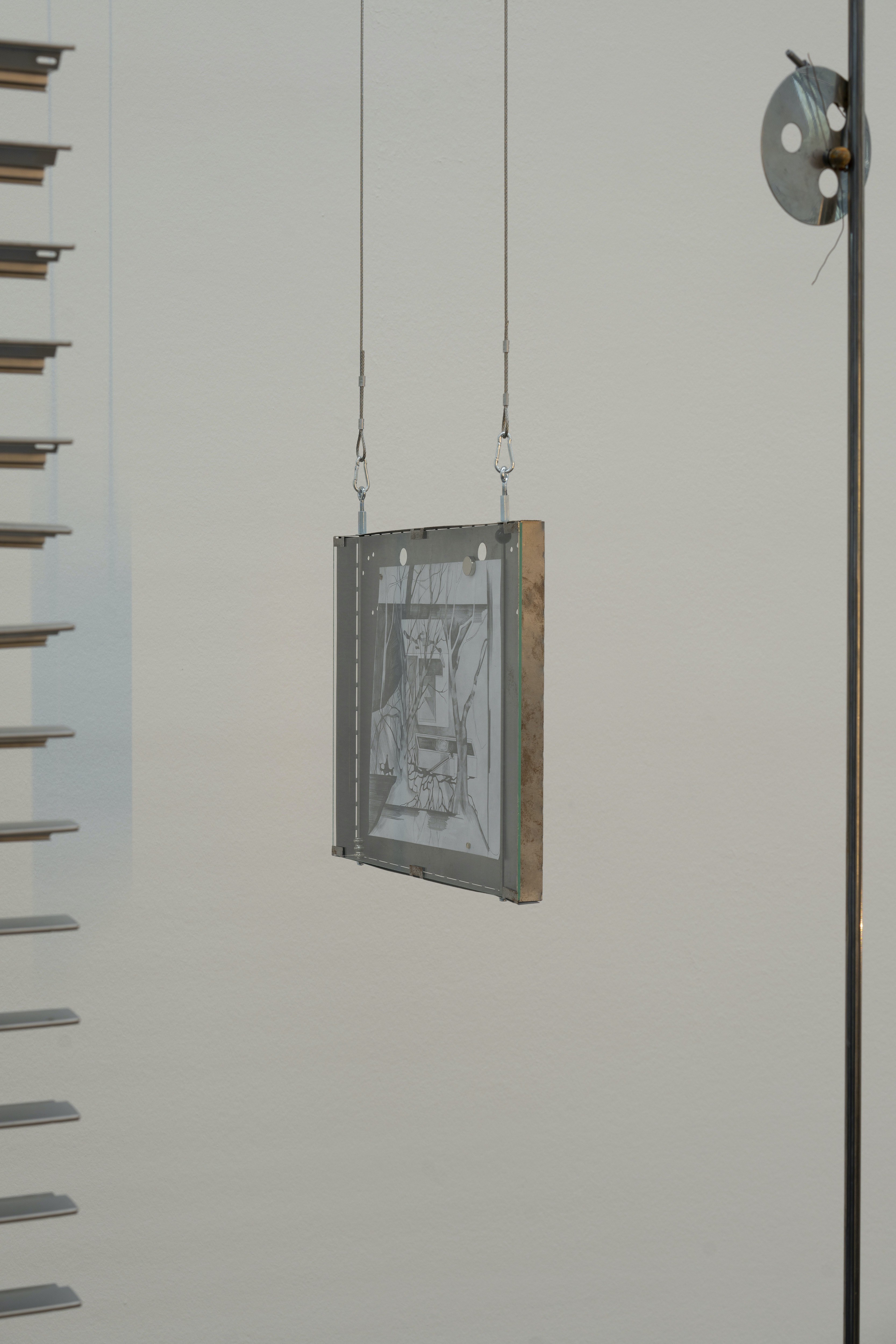 Drawing Box I 2022 Ring screws, thread, magnets, snap hooks, paper, graphite Length approx. 36 × 43 cm