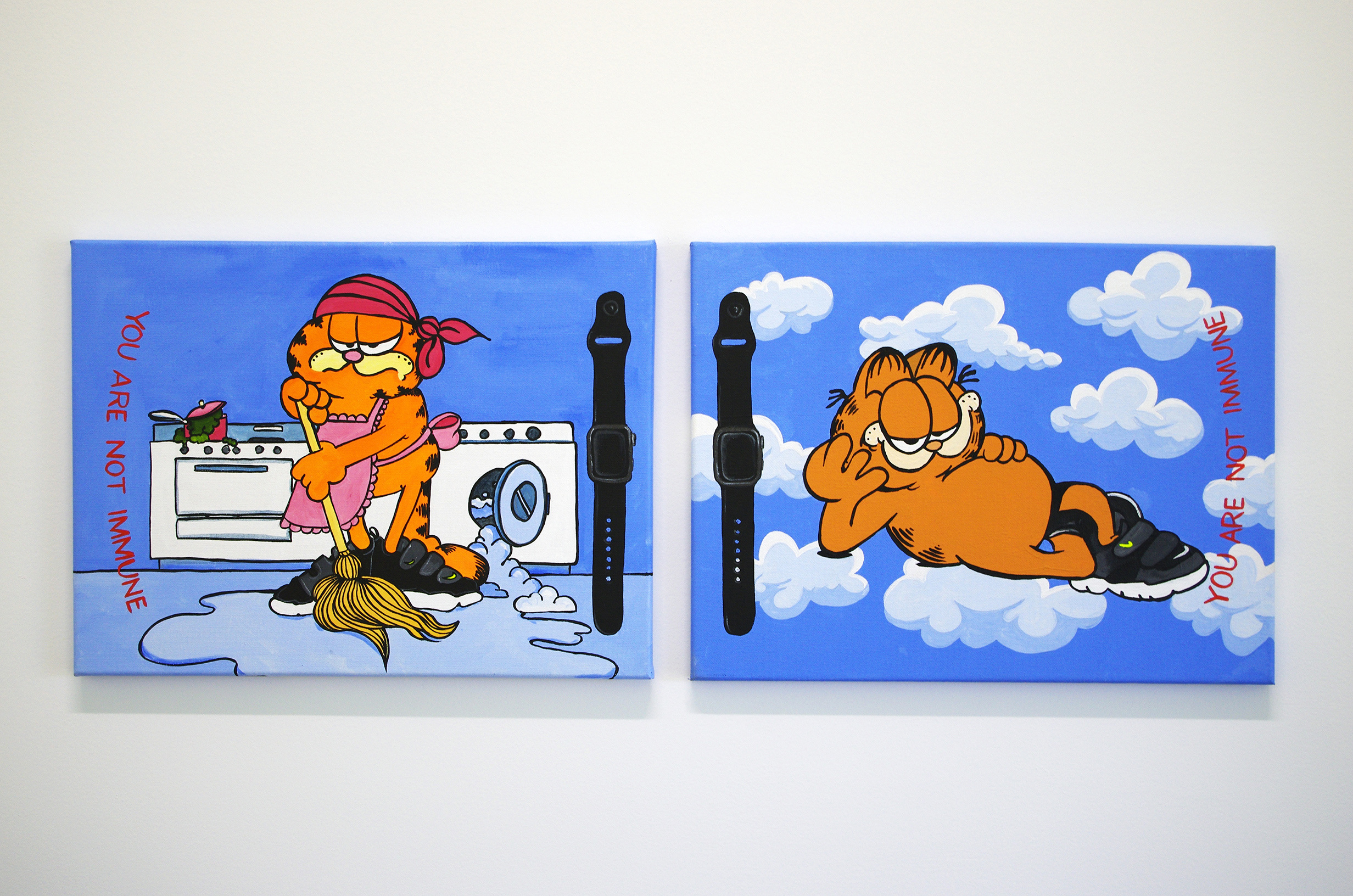 David Attwood, YOU WORK AND THEN YOU DIE (Study for a bedroom mural), 2020 - 2022, Paintings made by the artist's mother according to his instructions, Acrylic on canvas, 30.5 x 40.5 cm each