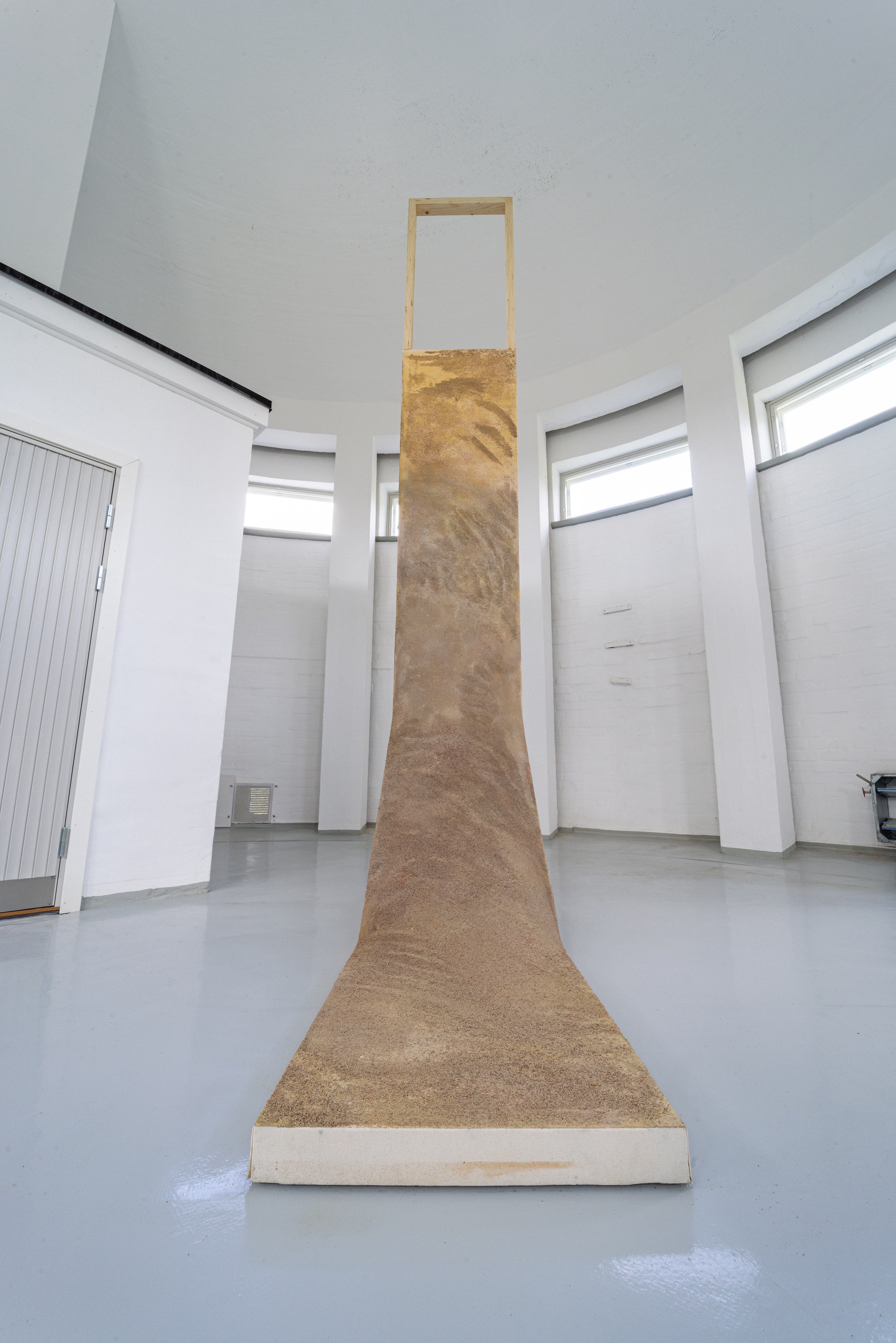 Emelie Luostarinen: 16 million *****, 2022; Canvas, sand (hanko beach), wood, stand oil, oil paint, spray paint, perforated plates and necklace;  360 x 360 x 60 cm 