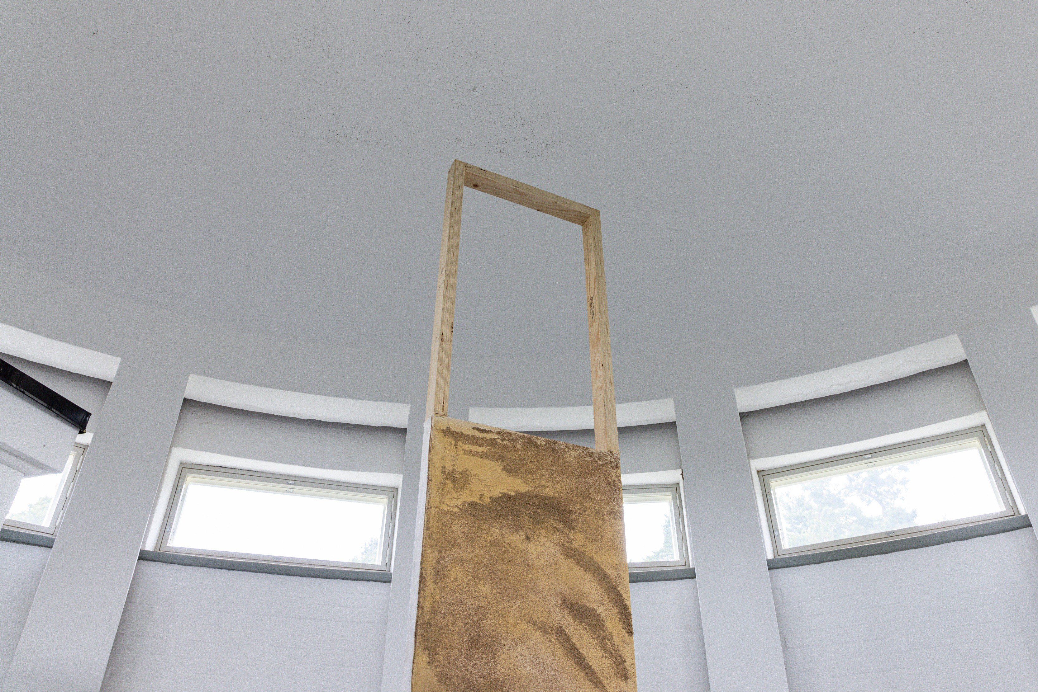 Emelie Luostarinen: 16 million *****, 2022; Canvas, sand (hanko beach), wood, stand oil, oil paint, spray paint, perforated plates and necklace;  360 x 360 x 60 cm