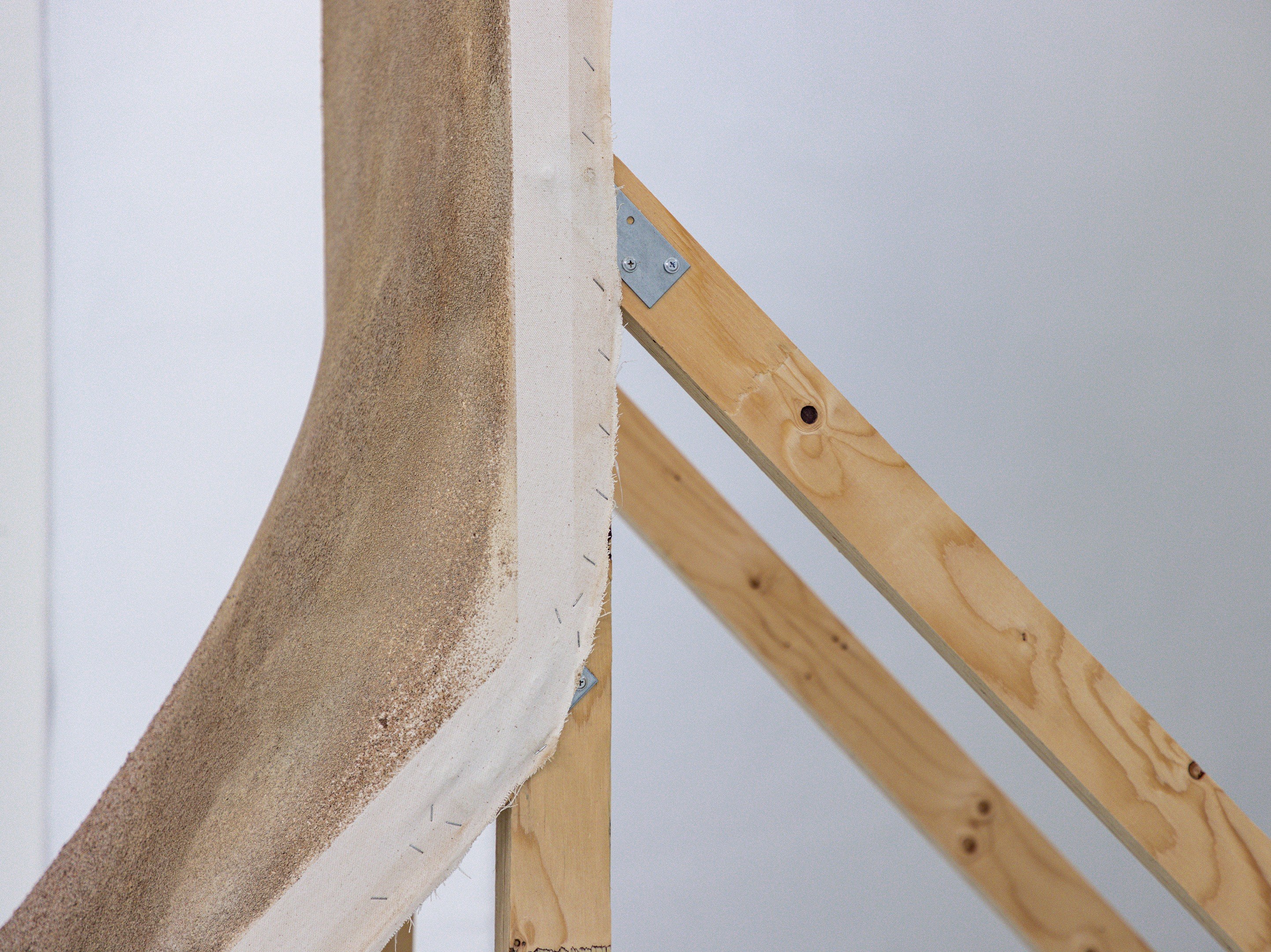 Emelie Luostarinen: 16 million *****, 2022; Canvas, sand (hanko beach), wood, stand oil, oil paint, spray paint, perforated plates and necklace;  360 x 360 x 60 cm