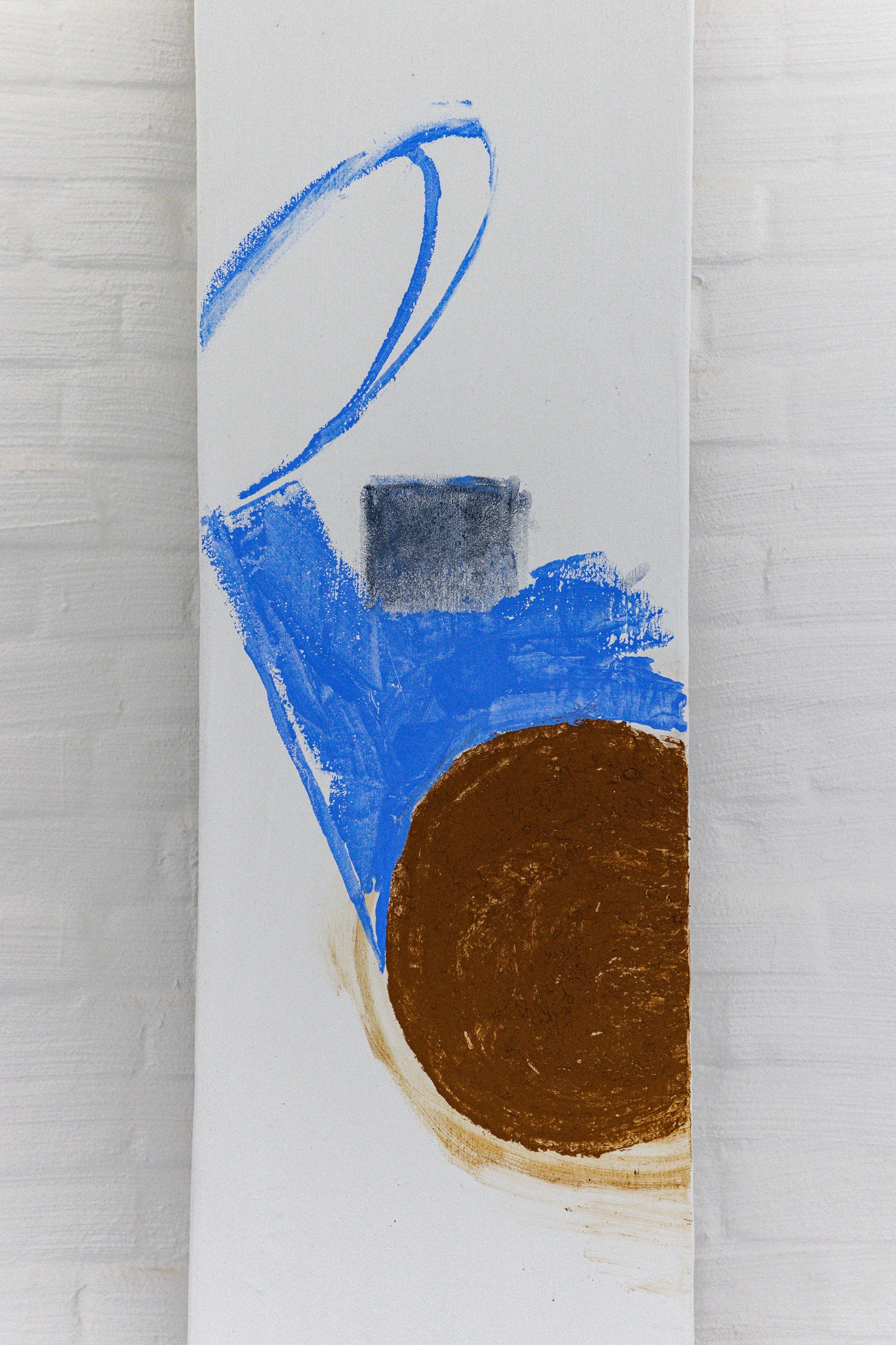 Kristina Sedlerova Villanen: Ricochet, tube and less, 2022; Traces on the walls, floor and paper; Rust, graphite, pigment, soap, lipstick, blue pen; Variable sizes