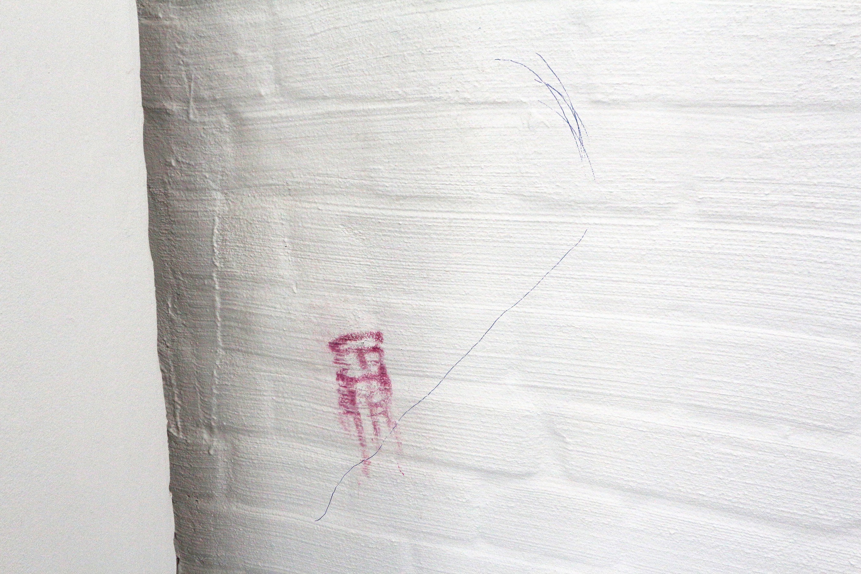 Kristina Sedlerova Villanen: Ricochet, tube and less, 2022; Traces on the walls, floor and paper; Rust, graphite, pigment, soap, lipstick, blue pen; Variable sizes