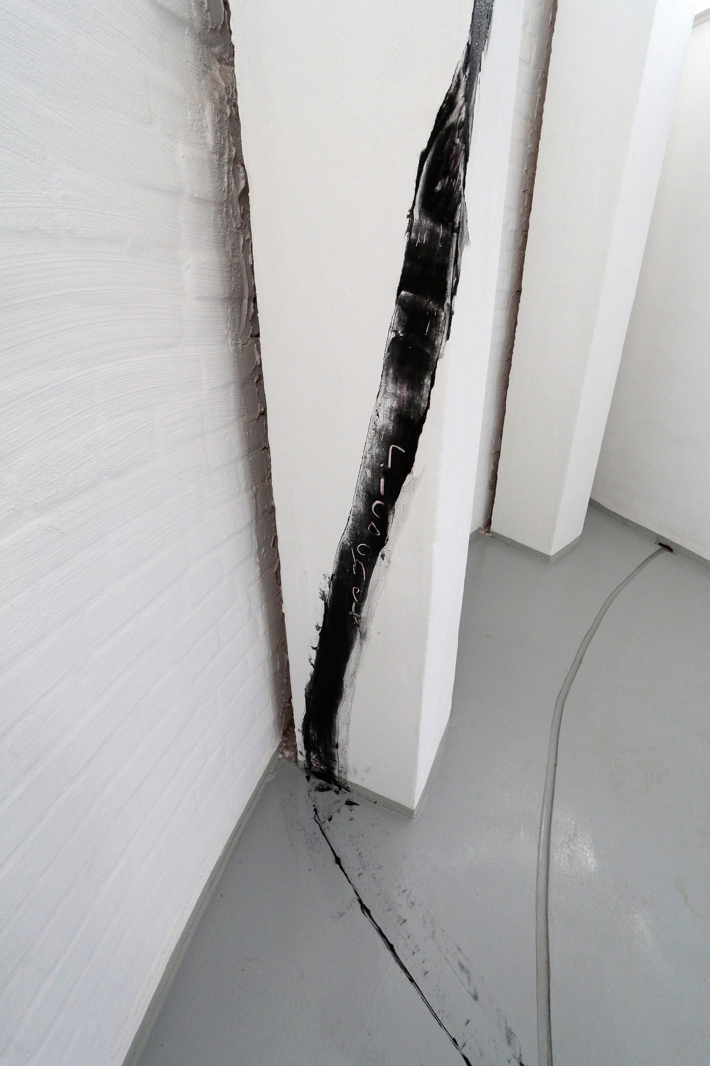 Kristina Sedlerova Villanen: Ricochet, tube and less, 2022; Traces on the walls, floor and paper; Rust, graphite, pigment, soap, lipstick, blue pen; Variable sizes