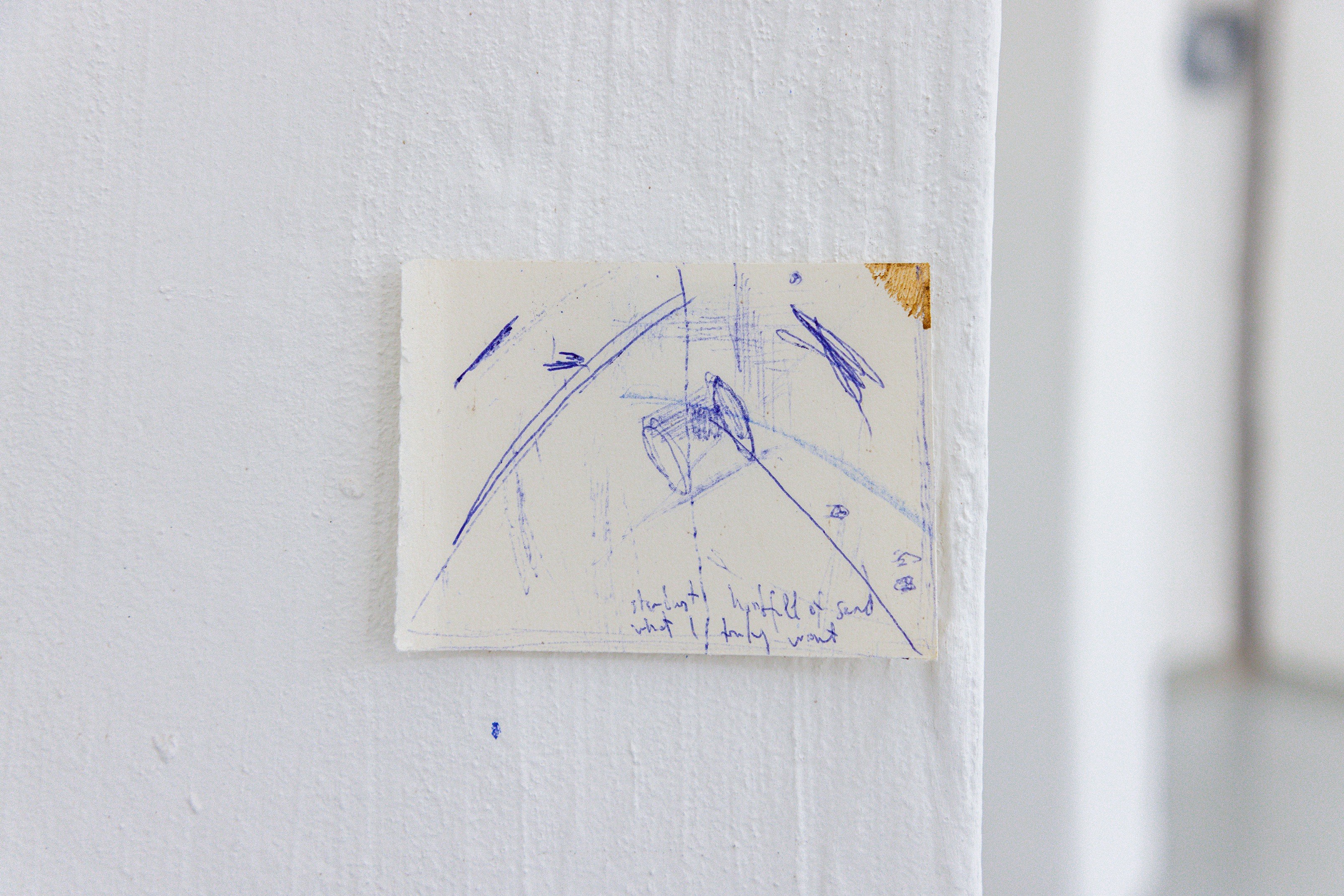 Kristina Sedlerova Villanen: Ricochet, tube and less, 2022; Traces on the walls, floor and paper; Rust, graphite, pigment, soap, lipstick, blue pen; Variable sizes
