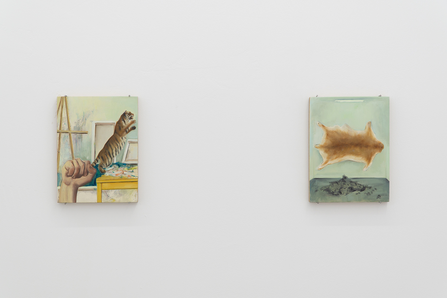 Alexandra Mocan, "An idea walks into the artist studio / Idea killed in a white cube", Diptych, 2 x 25/19/2 cm, oil on wooden panel, 2022