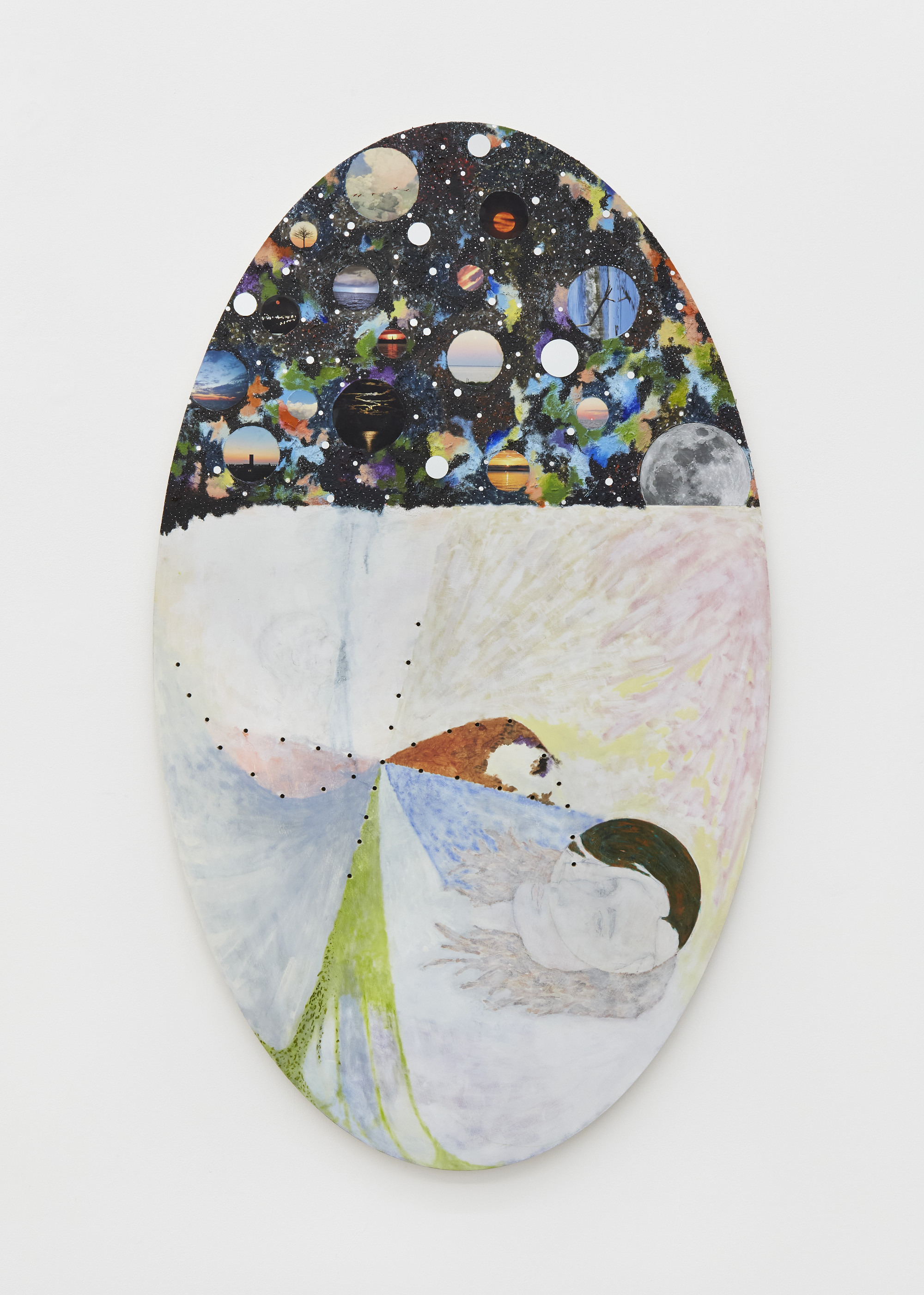   Projection (for N. Fyodorov), 2022. Oil, acrylic, jute fibres, collage, mirrors, aluminium foil tape and graphite, on panel, 81 x 137 cm / 31.8 x 53.9 in