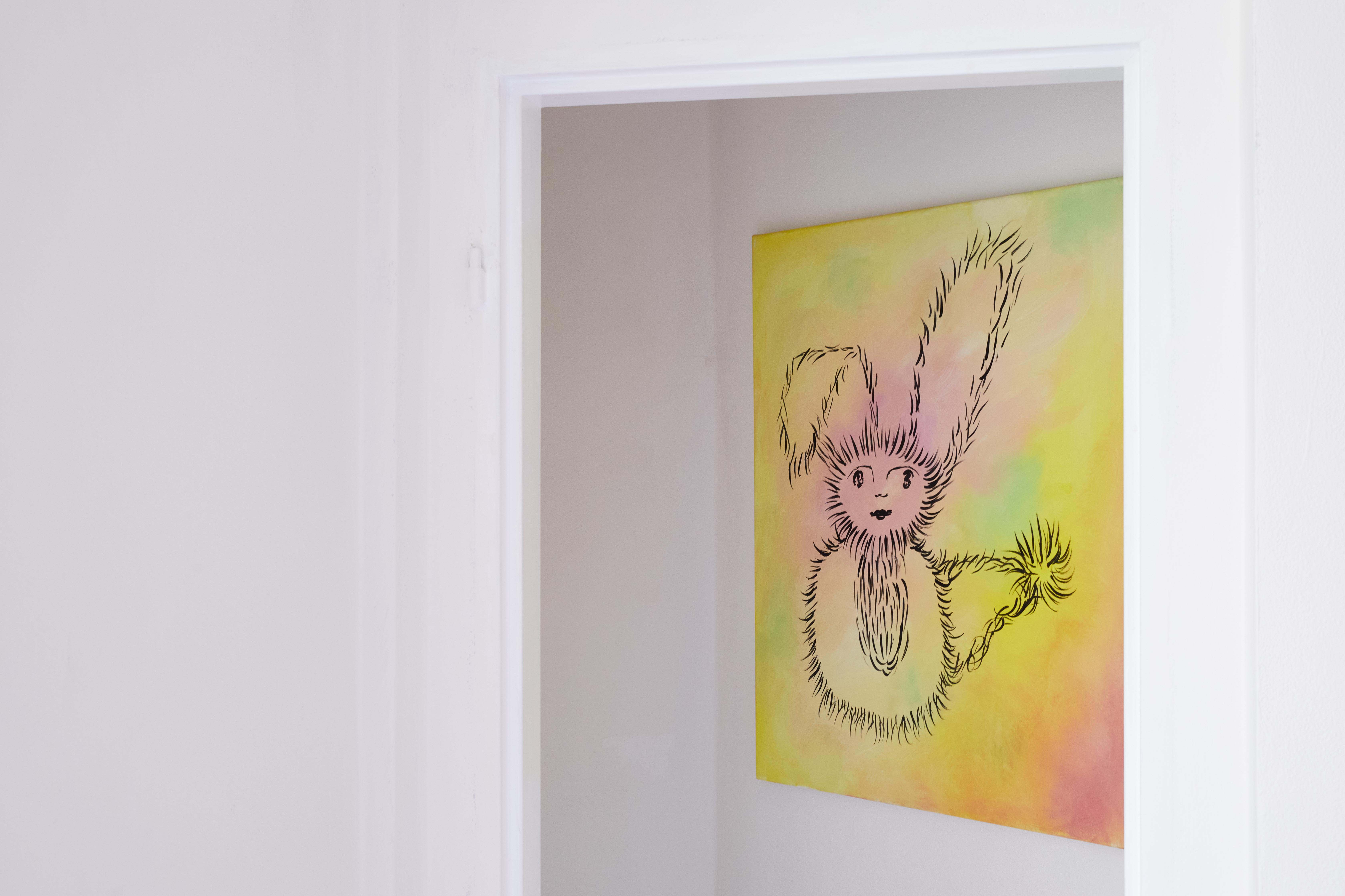 Installation view of the exhibition, ‘Ennui’, SVĚTOVA 1 AS, Prague, 1 — 17 September 2022. Olga Krykun, ‘IV. Remembering the old fluff’, (2020), acrylic on canvas, 67 x 75 cm. — Courtesy of the artist and SVĚTOVA 1.