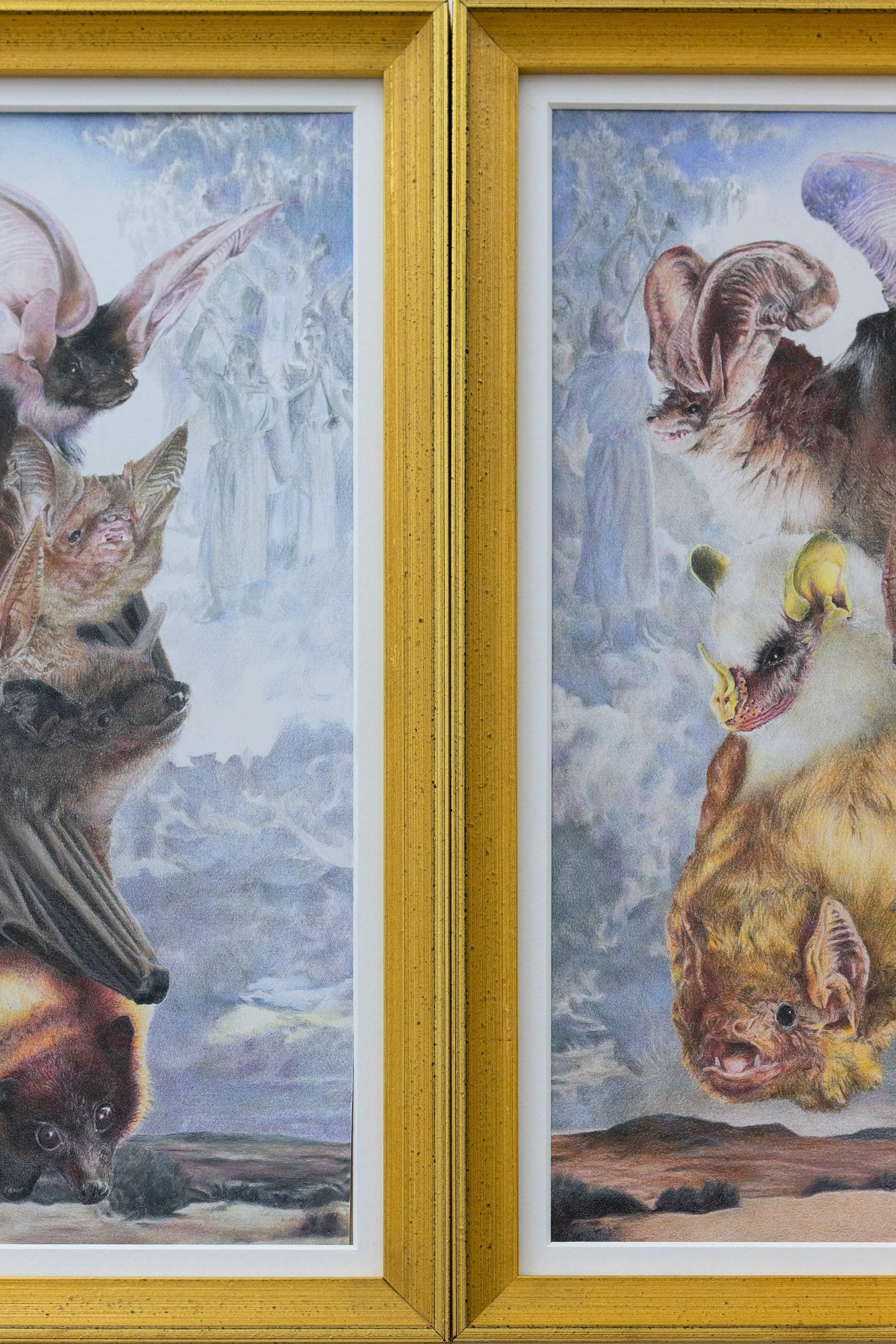 Ben Sang, Bitter Cup (detail), 2022, prismacolors on architecture paper, frames from the LDS Church History Museum, 28 Ă 43,5 cm each