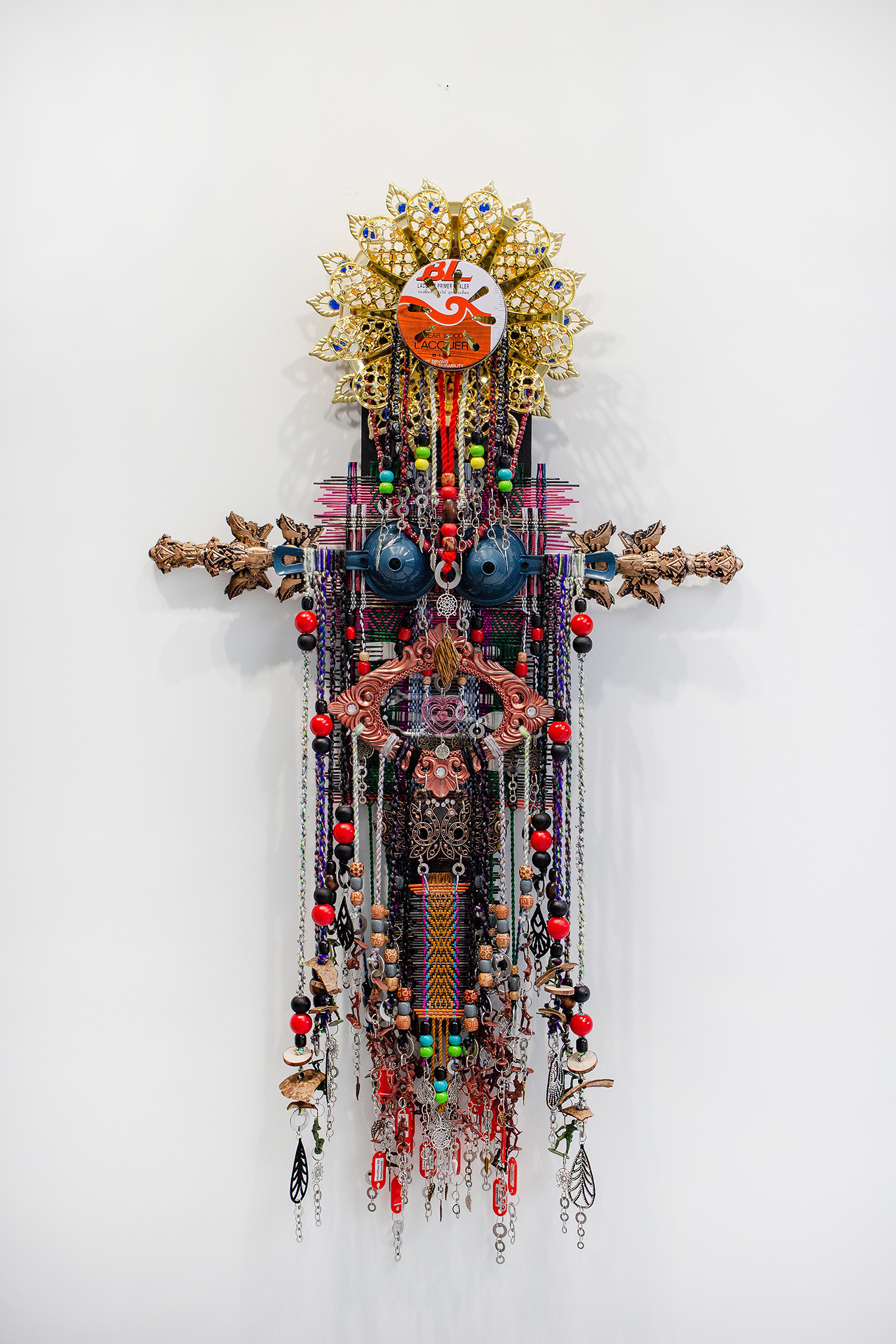 Anne Samat, Daughter (weave through eternity) #2, 2022, Rattan sticks, kitchen and garden utensils, beads, ceramic, metal and plastic ornaments, 114 x 71.1 x 10.2 cm, Courtesy of: the artist + Marc Straus New York