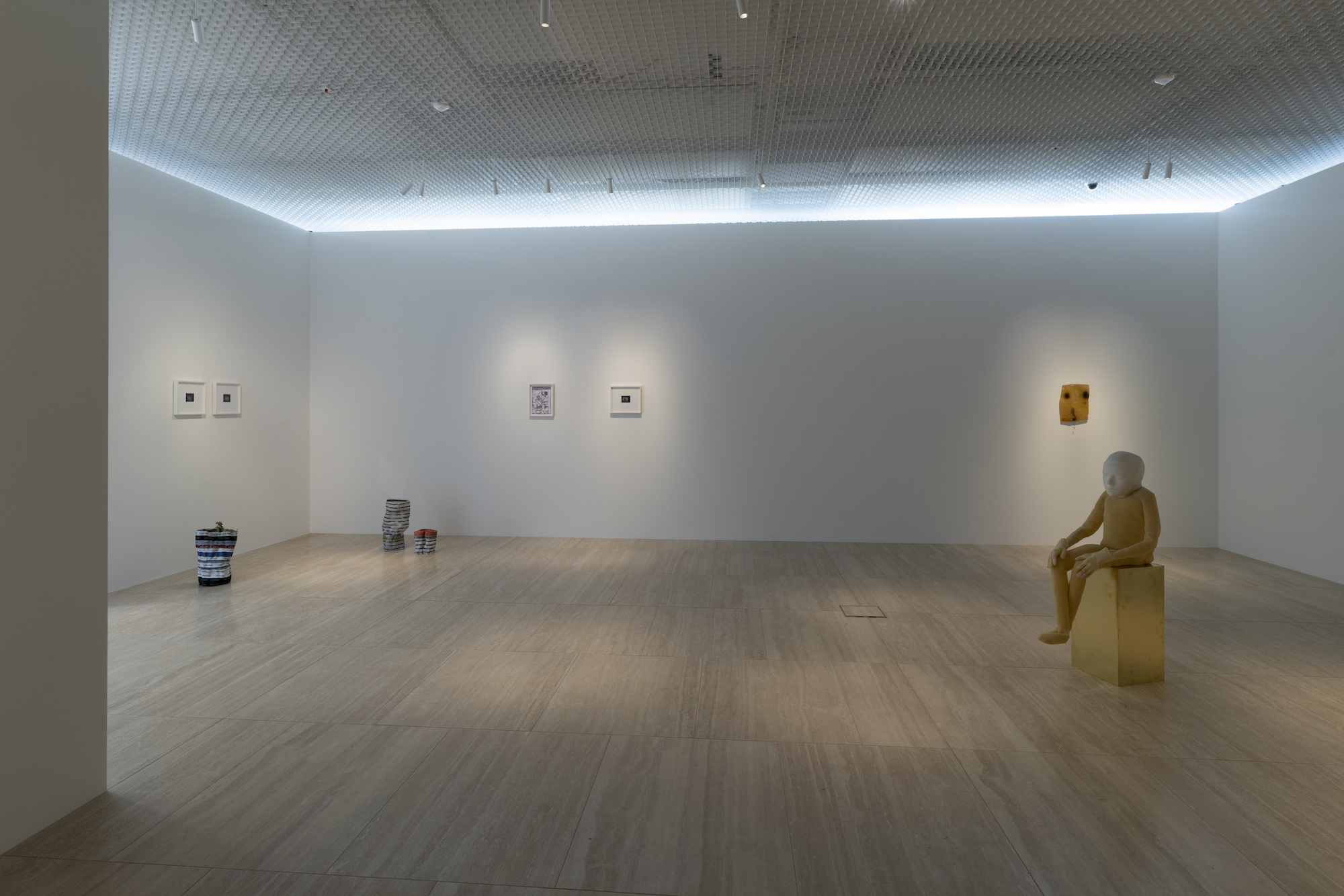 Installation view of Â«Who can hear the monster speak?Â» at Baloise Park Art Forum with works by Keren Cytter, Shahryar Nashat, Benedicte Gyldenstierne Sehested, Daniel Topka, Anna Uddenberg and Bri Williams.