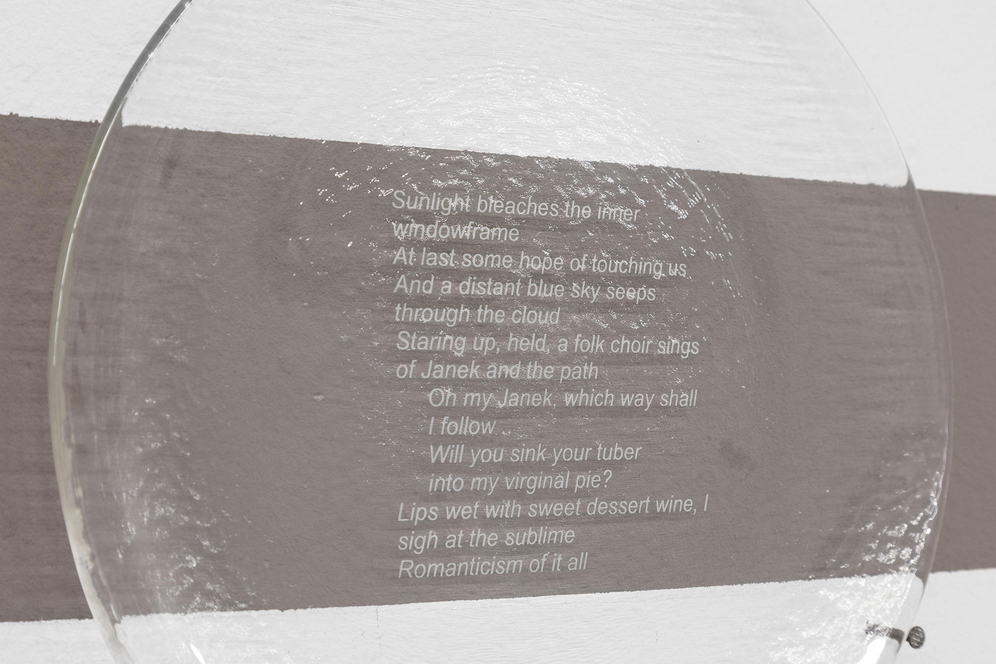 Poema, 2022â€¨, three Glasi Hergiswil glass plates, sandblasted engraving, Ã¸ 28 cm 
