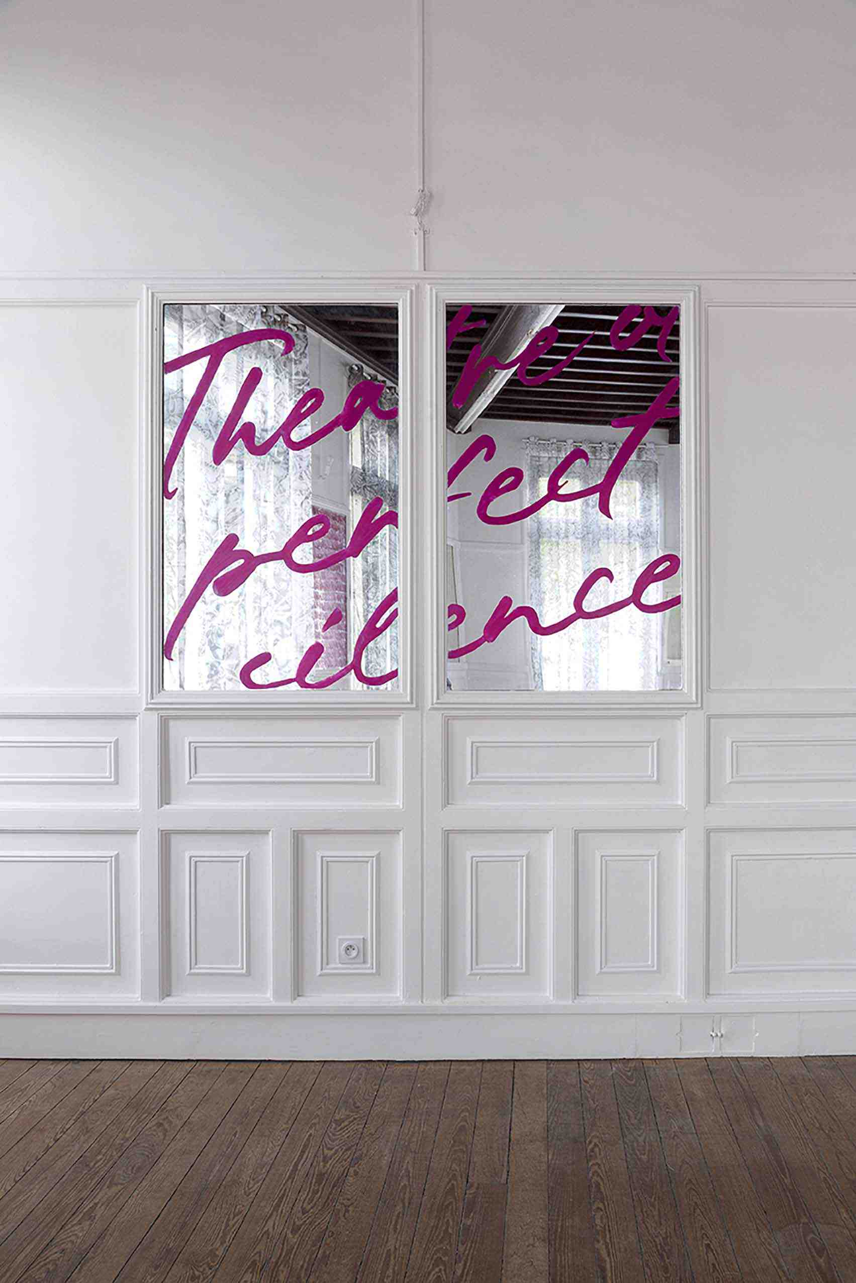 Theatre of Perfect Silence, 2022, lipstick on mirrors, 130 x 180 cm (diptych)