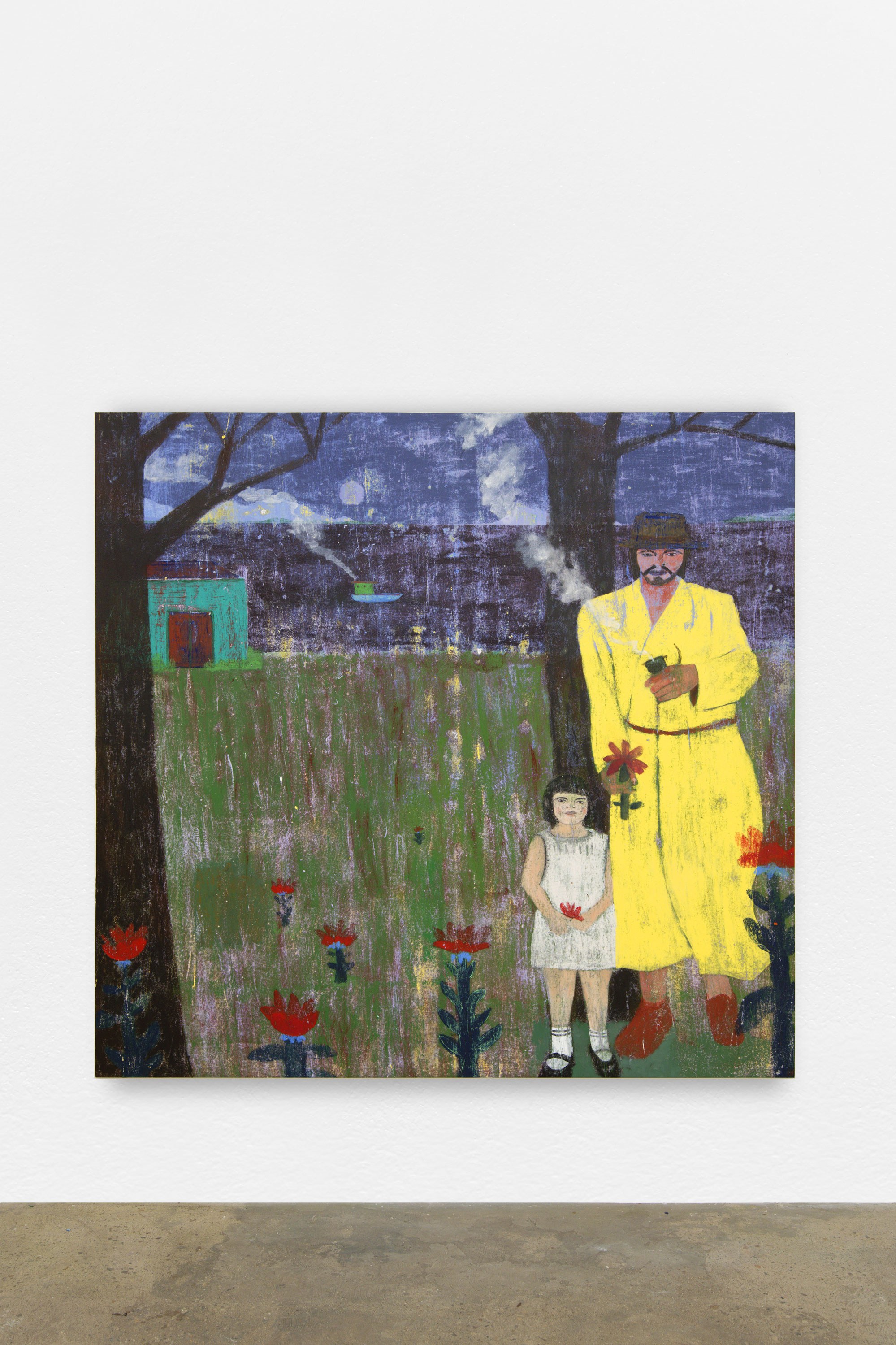 Blue red green yellow boat and flower, 2022 Oil, acrylic and pigment on canvas 190 x 200 cm Courtesy of the artist and Crèvecœur, Paris. Photo: Aurèlien Mole