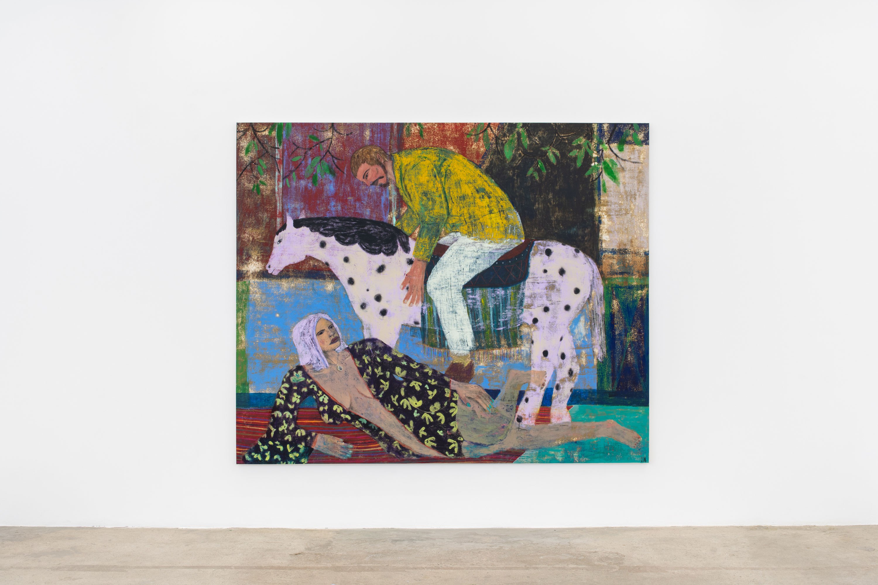 She had a list of names, it showed only one of her talents. We will build a coffin for a lost tooth., 2022 Oil, acrylic and pigment on canvas, 190 × 230 cm Courtesy of the artist and Crèvecœur, Paris. Photo: Martin Argyroglo
