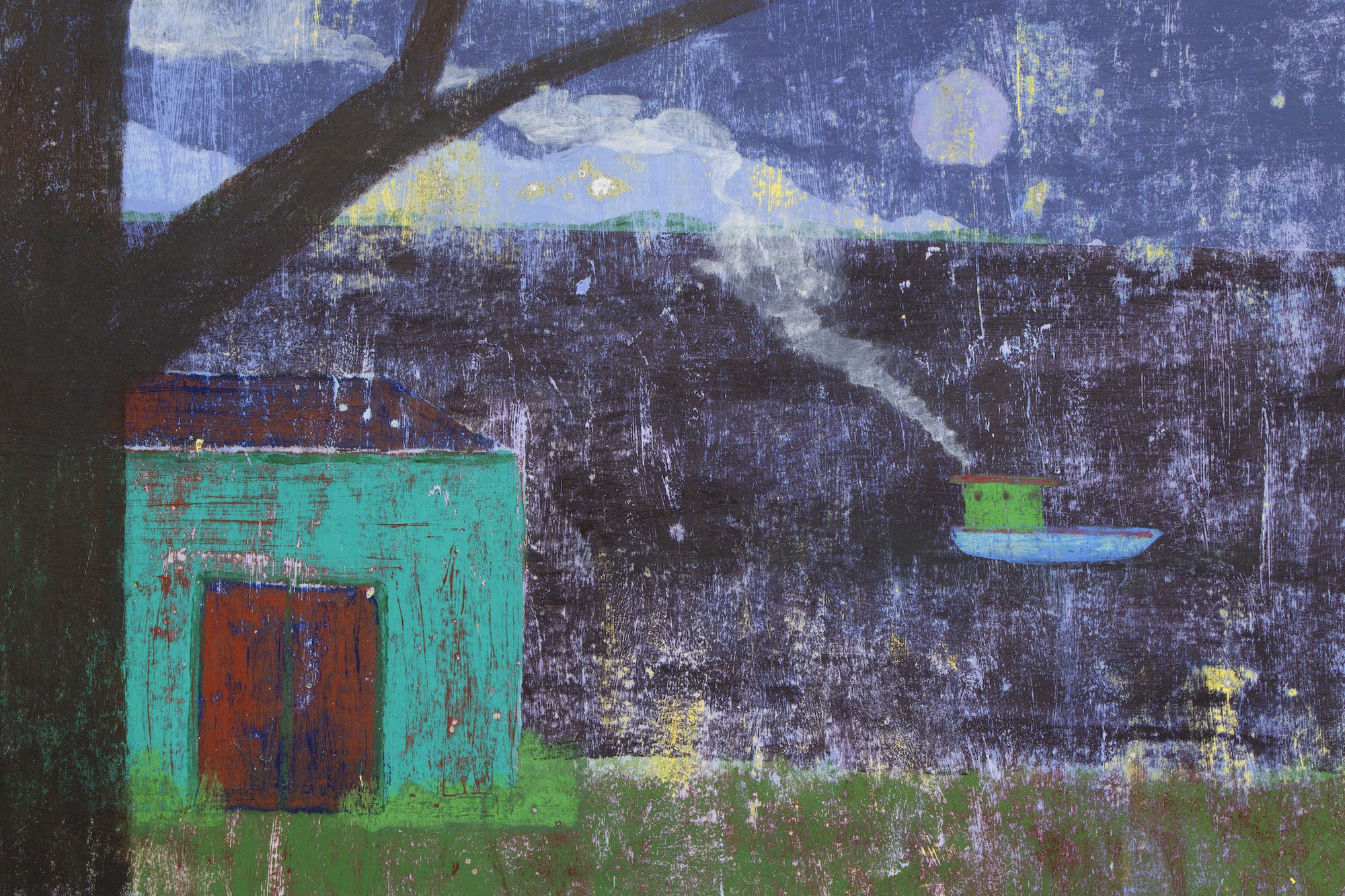 Blue red green yellow boat and flower, 2022 Oil, acrylic and pigment on canvas 190 x 200 cm Courtesy of the artist and Crèvecœur, Paris. Photo: Aurèlien Mole