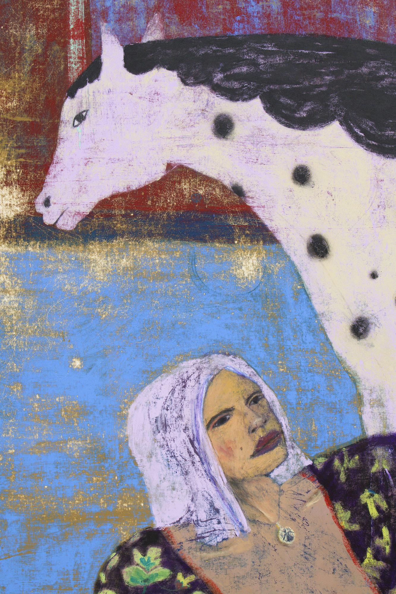 She had a list of names, it showed only one of her talents. We will build a coffin for a lost tooth., 2022 Oil, acrylic and pigment on canvas (detail) 190 × 230 cm Courtesy of the artist and Crèvecœur, Paris. Photo: Aurèlien Mole