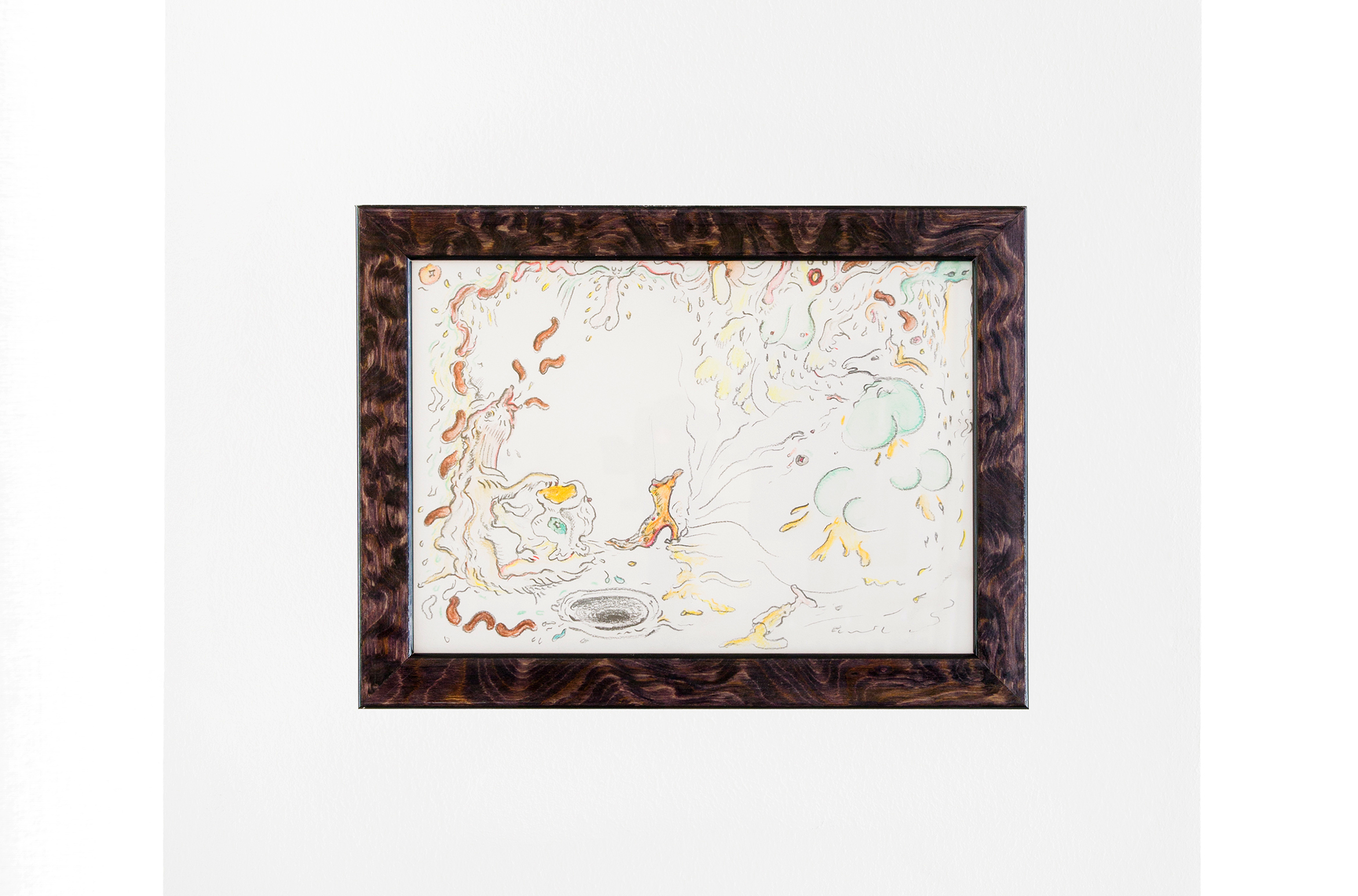Wet Resistance, Dortmunder Kunstverein, 2022 Zoe Williams, Gate Keeper with Piss Pot and Black Hole, 2018 pencil and watercolours crayon on paper, in artistâ€™s tinted walnut burr frame Photo: Jens Franke  Courtesy: the artist, Ciaccia Levy Paris-Milan