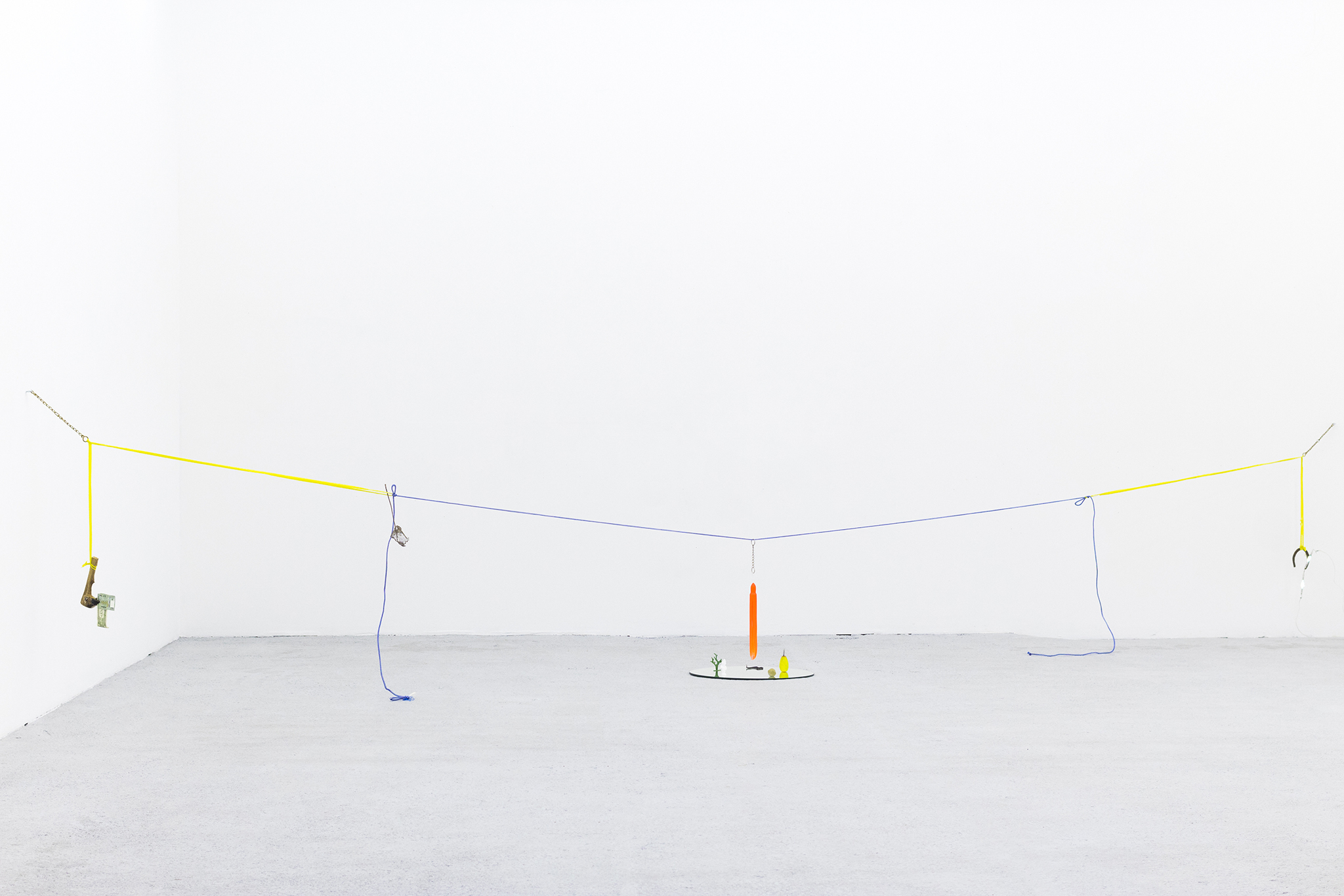 Gabriel Rico, Polimerycene from the series - Freedom of manoeuvre-, 2020, Mix of found objects, ropes, neon, deer’s foot, horseshoe and mirror, 750x133x60cm, courtesy of max goelitz and OMR, Mexico City, copyright of the artist, photo: Studio Rico