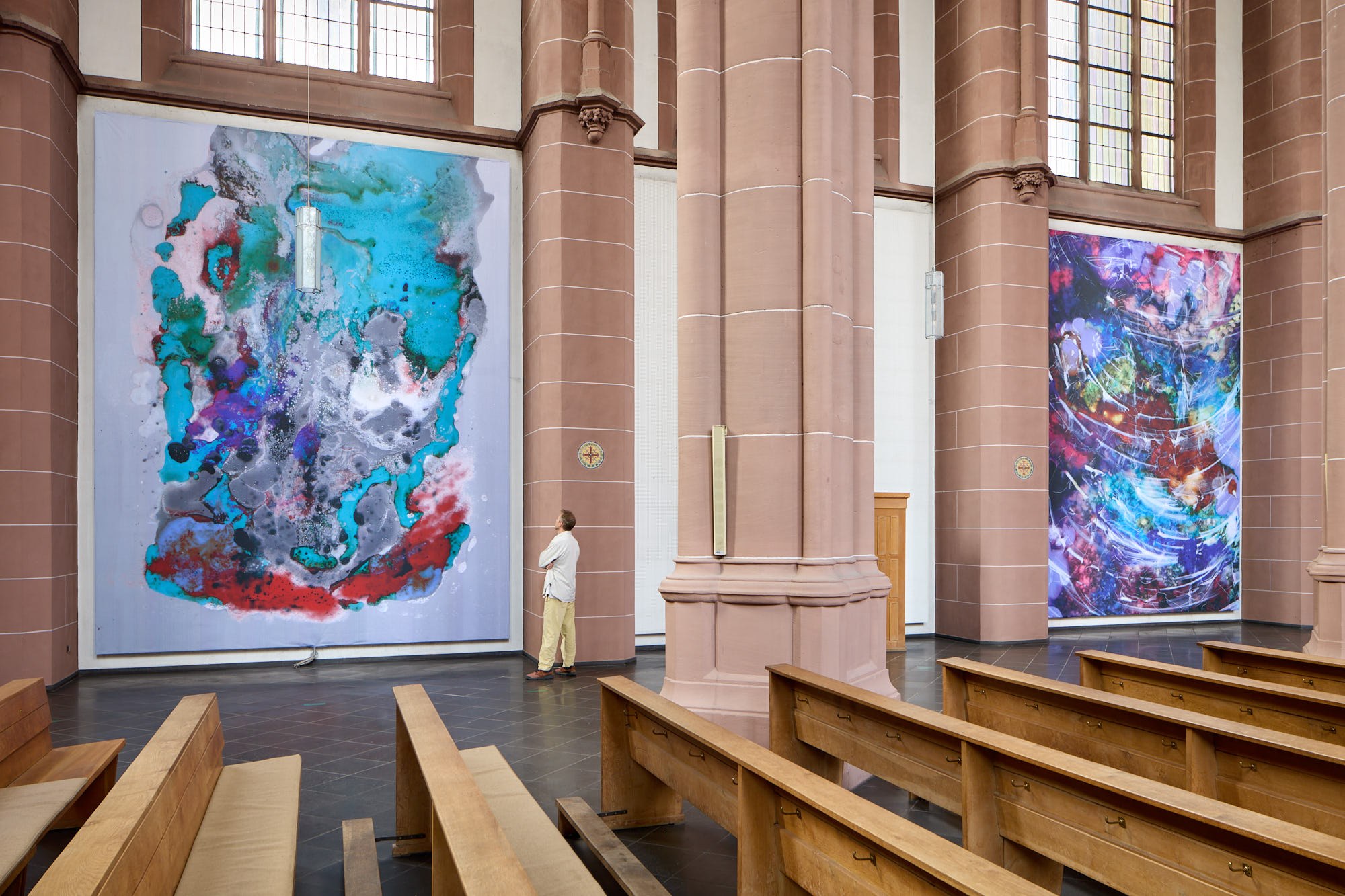 Vitamin E110 and Sweet Galaxy, 2022, print on fabric, 600 x 470 cm each, installation view at St. Agnes Cologne