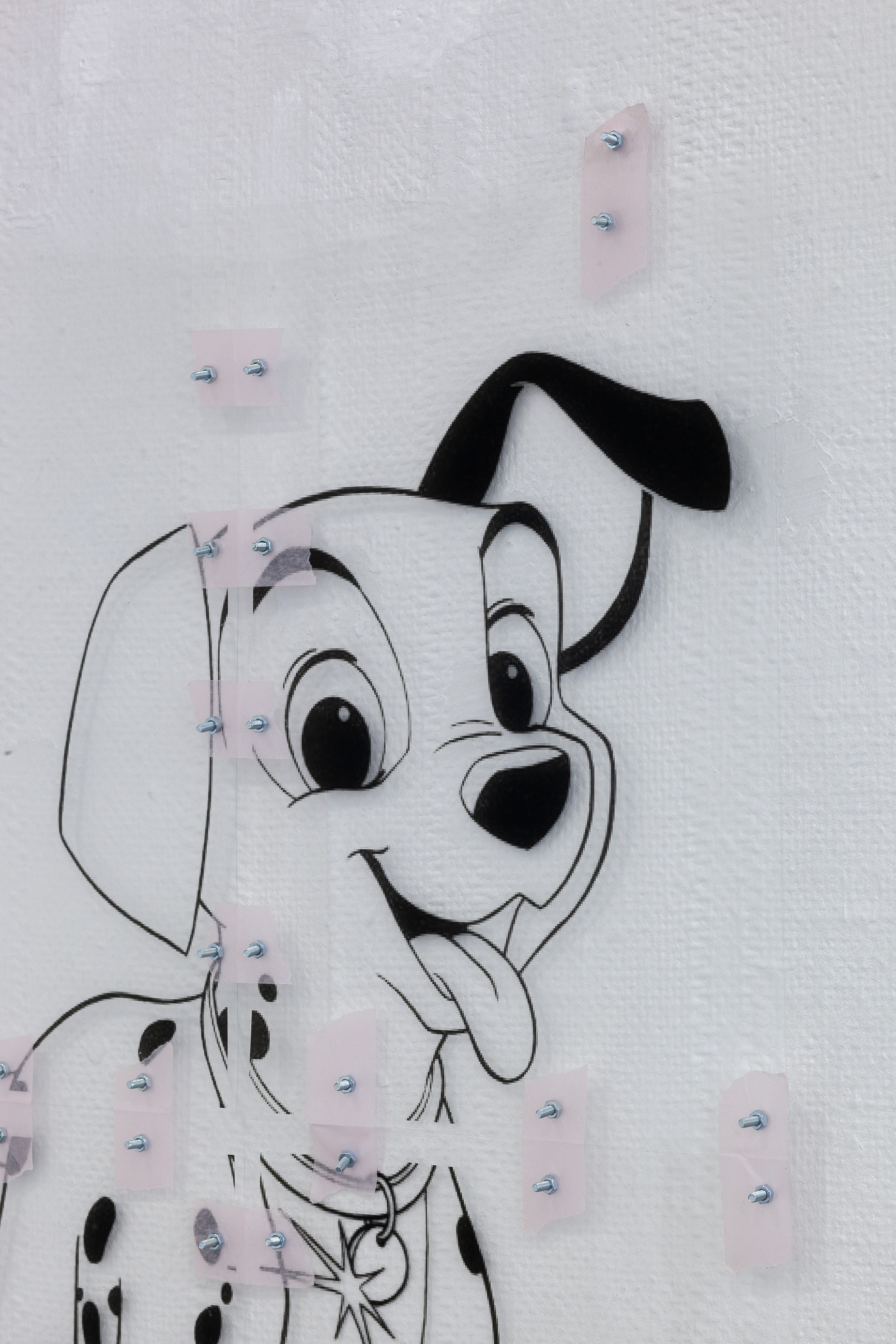 10. Paula Linke, Untitled (101 Dalmations), print on plastic foil, nuts, screws, tape, 59,4 x 42 cm, 2022 (Detail)