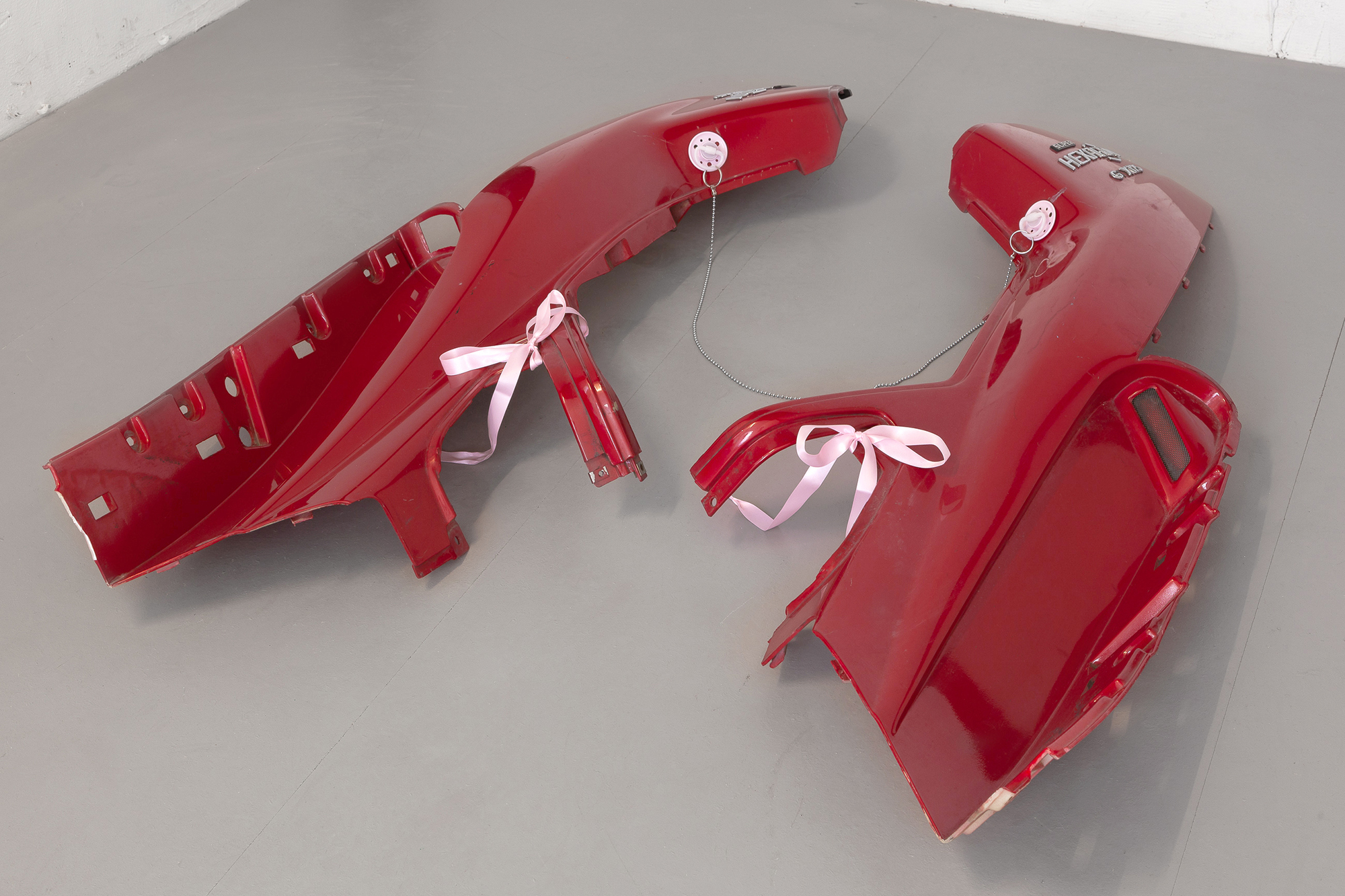12. Paula Linke, Red Hot Lovers, scooter fairing, pacifier, ball chain, shoelaces, 2022