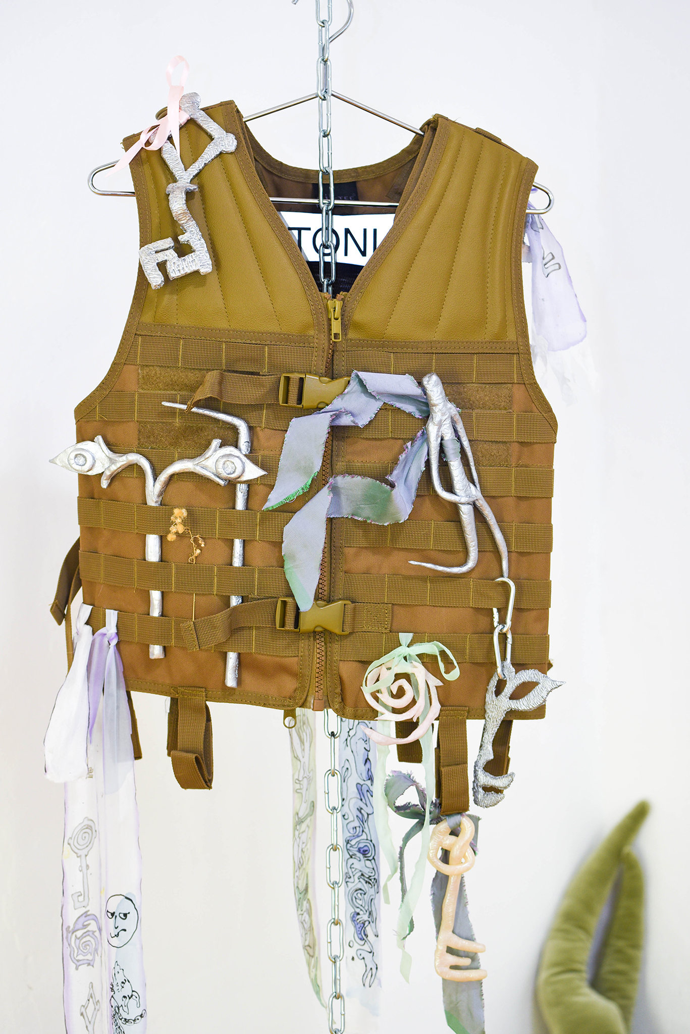 High Weirdness, Solaris Space, Berlin, 2022, Rosanna Graf, Psychoactive Ghost Hunting Attire, 2022, vests, silk, polymer clay, fleabane, eyeshadow, Photo: Rosanna Graf, Courtesy: the artist